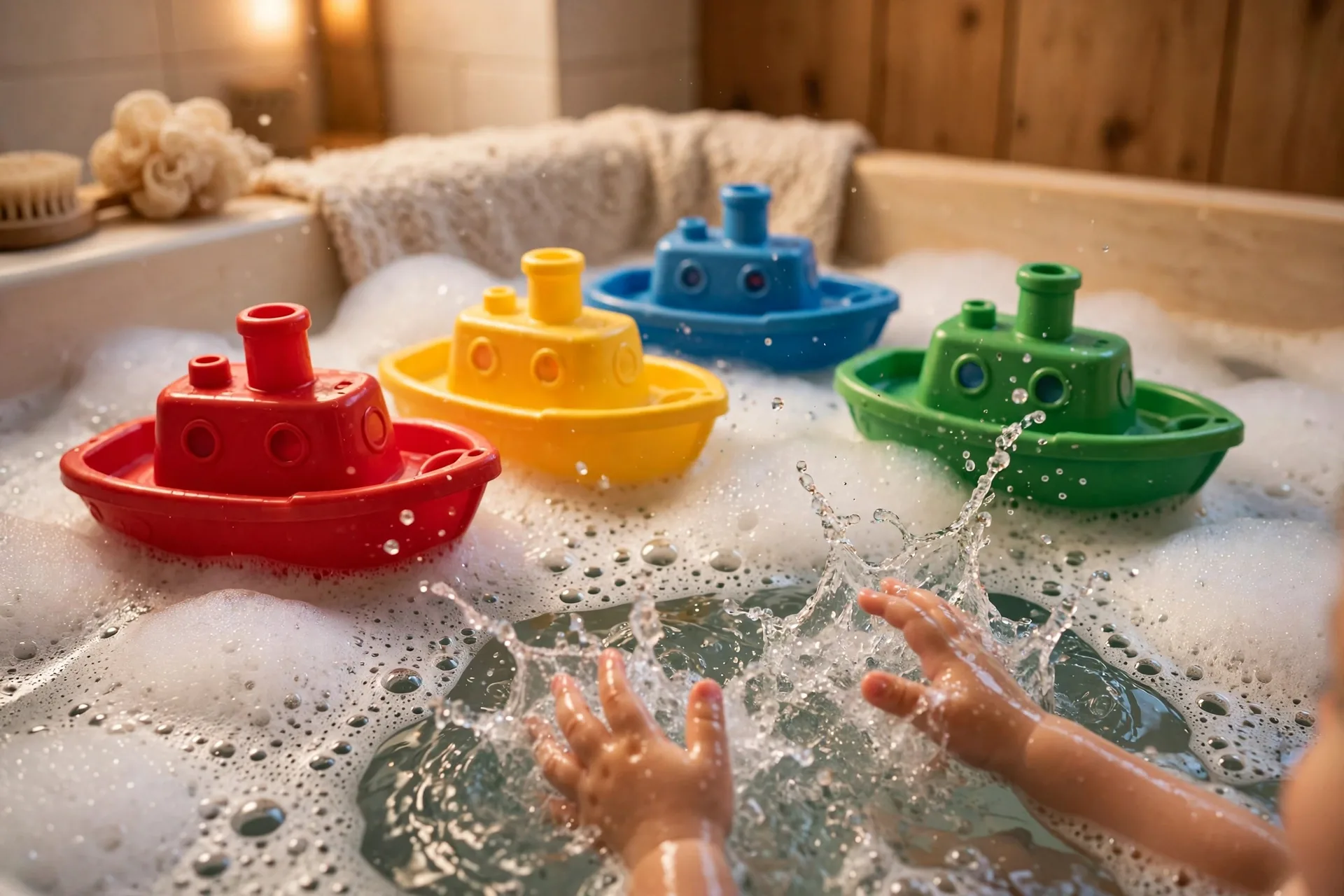 Colorful bath boats floating in a bubble bath
