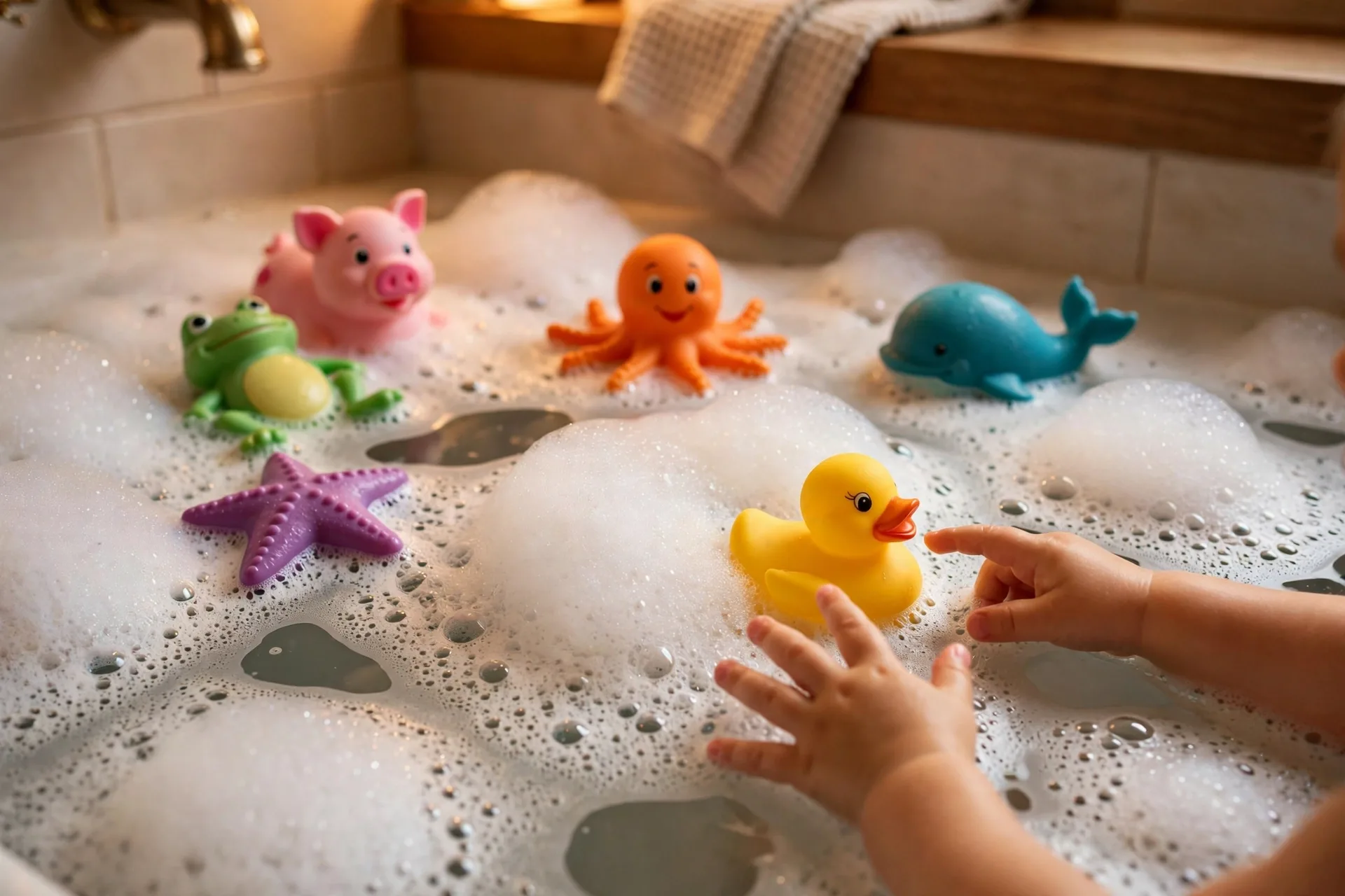 Colorful bath squirter animals floating in a bathtub with bubbles