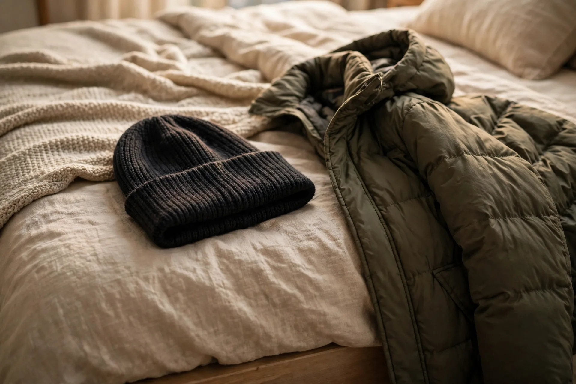 Warm knit beanie in a dark color folded on a bed