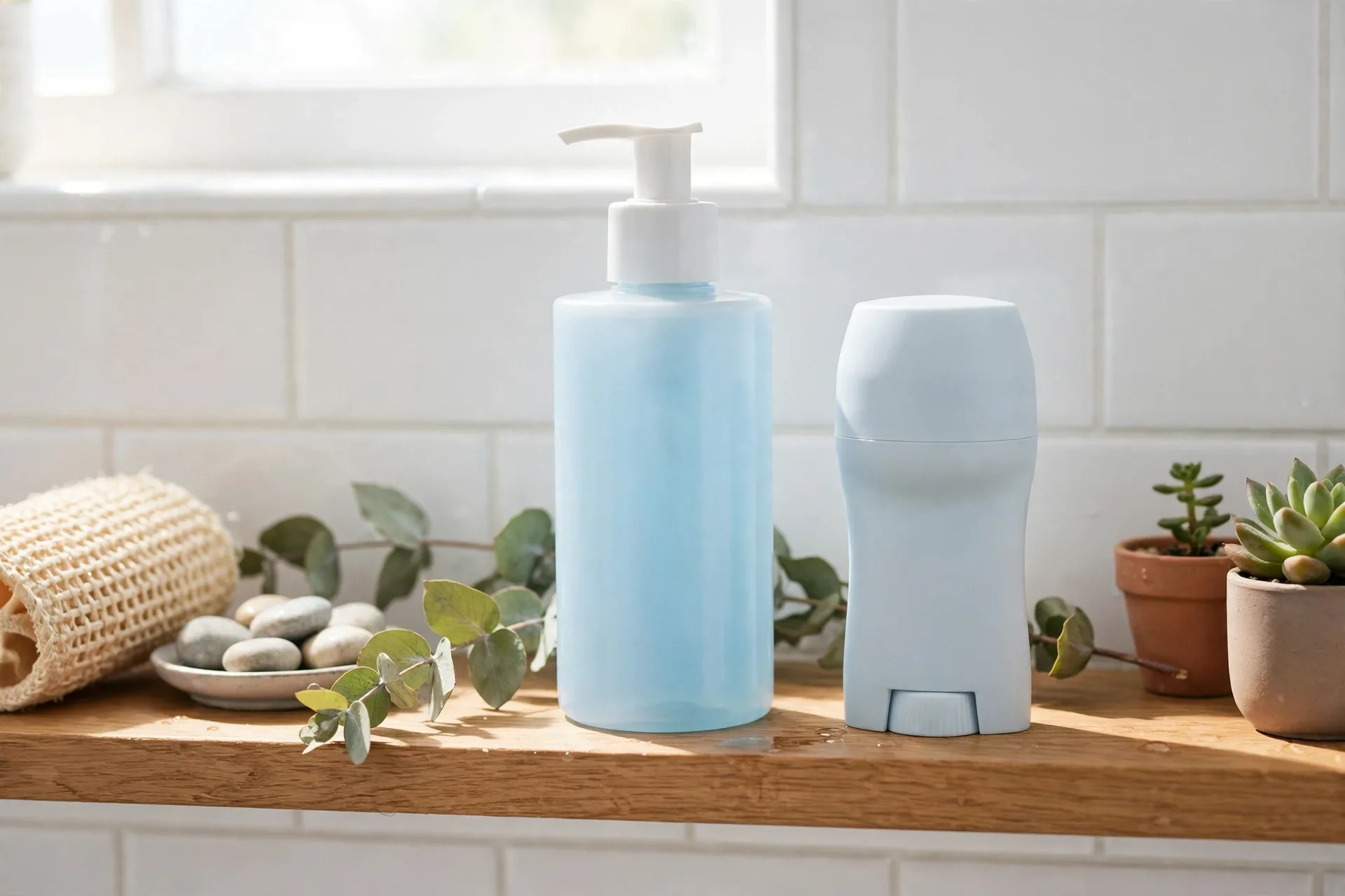 Body wash and deodorant set on a bathroom shelf