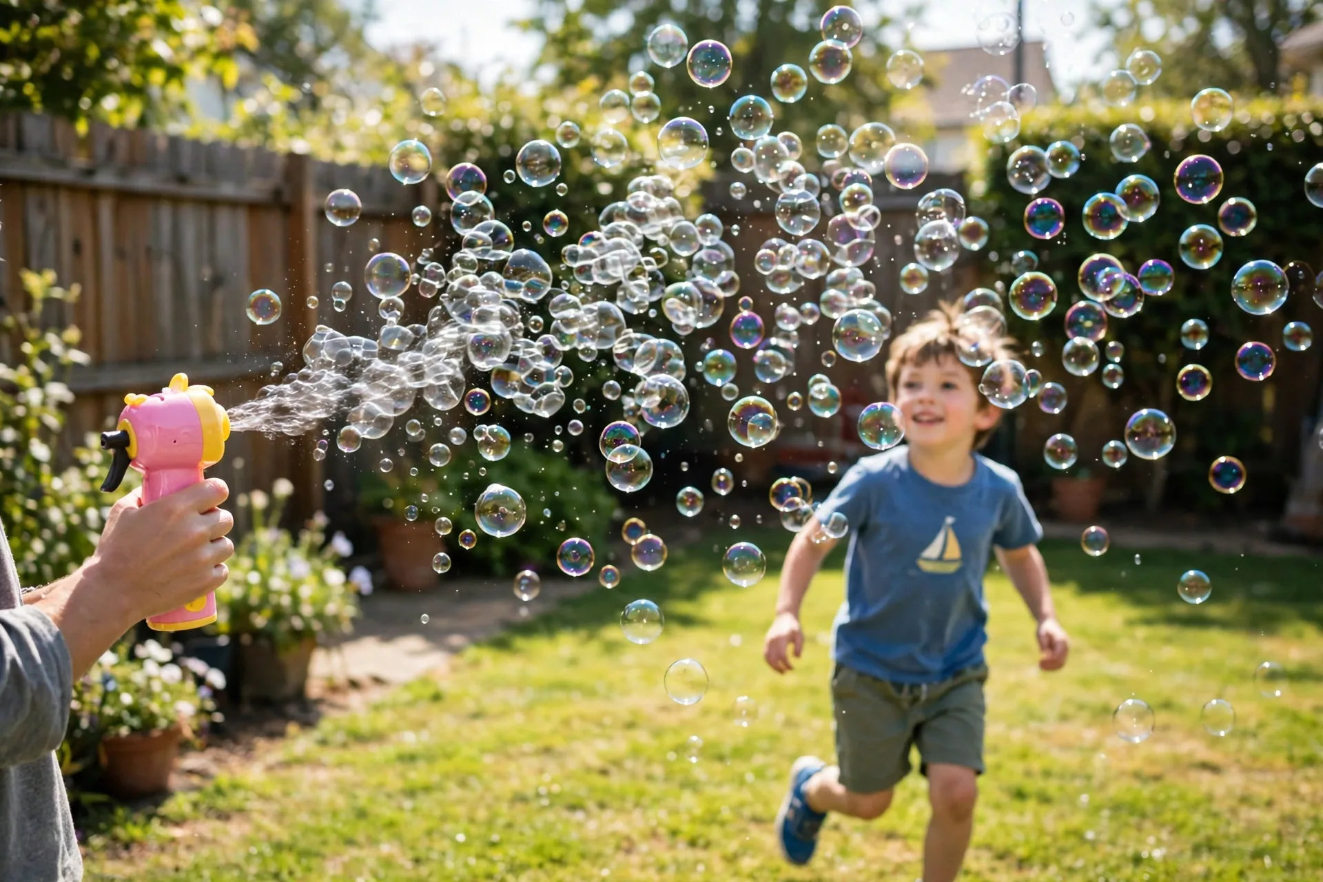 Handheld bubble machine blowing a cloud of bubbles in a yard