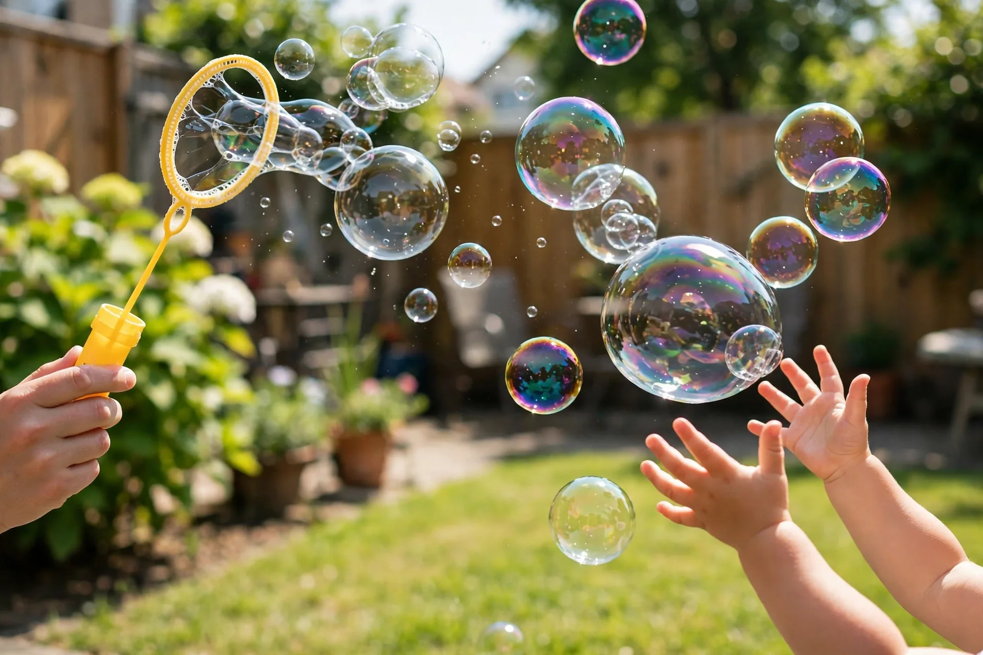 Bubble wand blowing bubbles in a sunny backyard