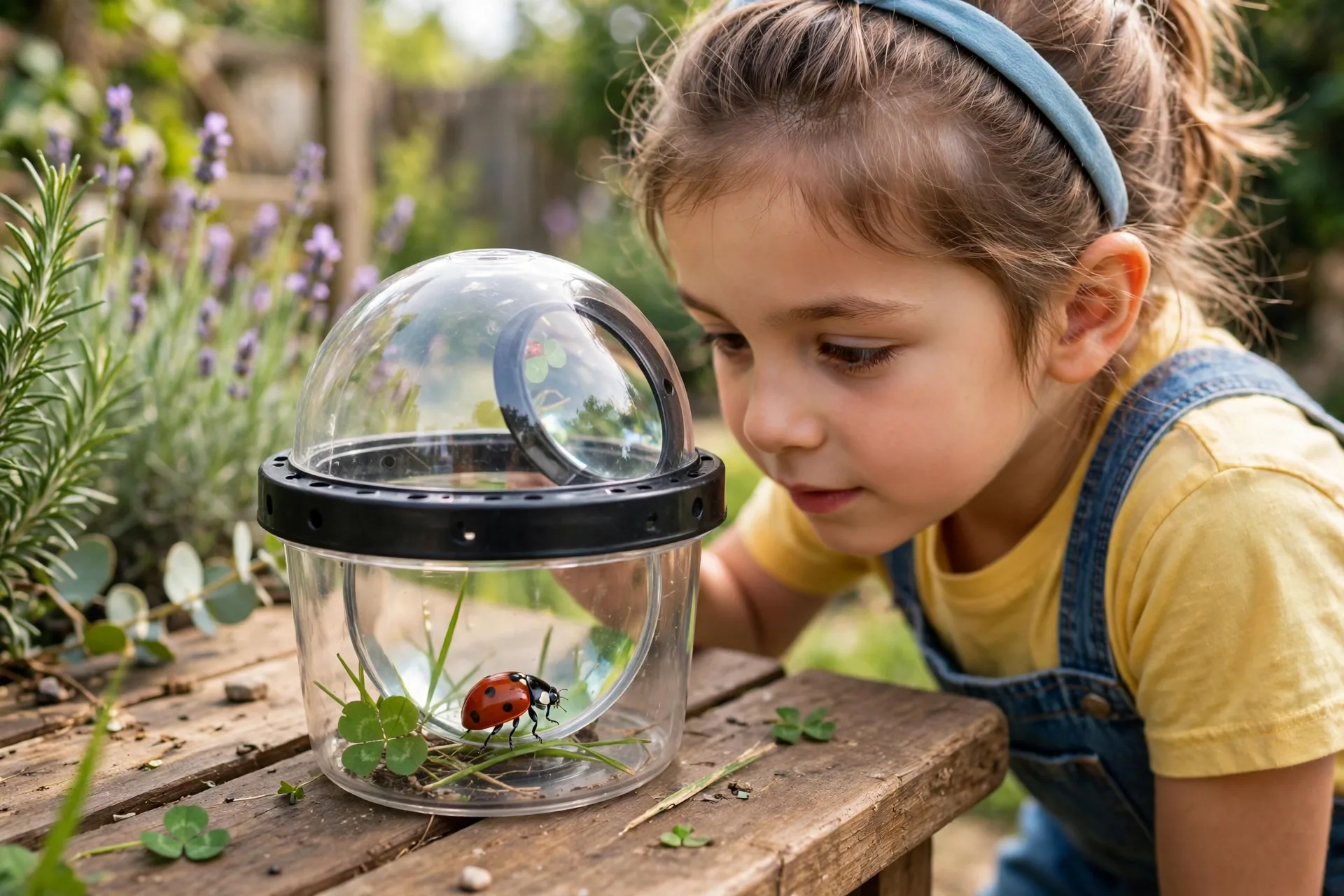Bug catcher viewer jar with a ladybug inside on a garden table