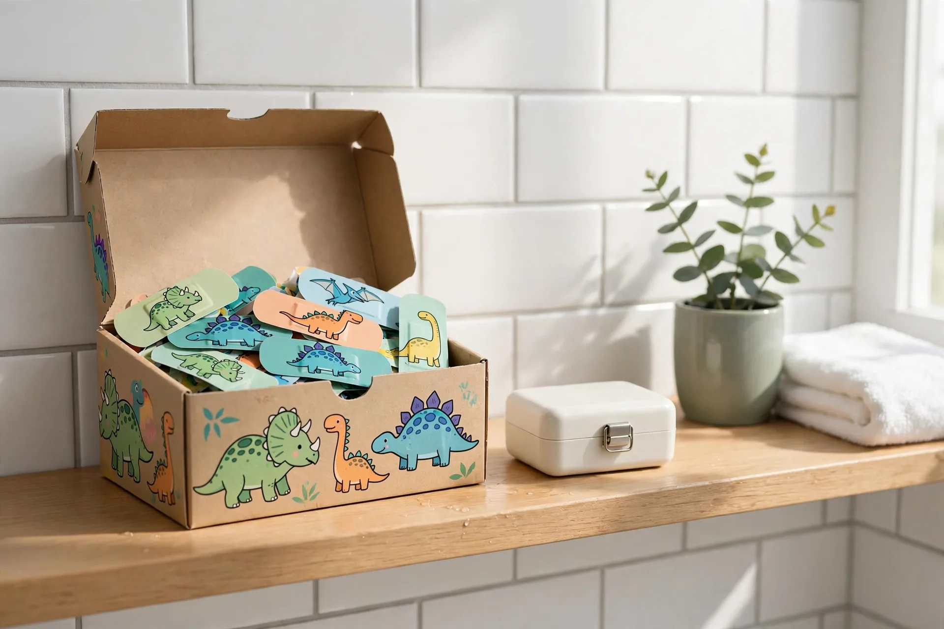Box of character bandages with dinosaurs on a bathroom shelf