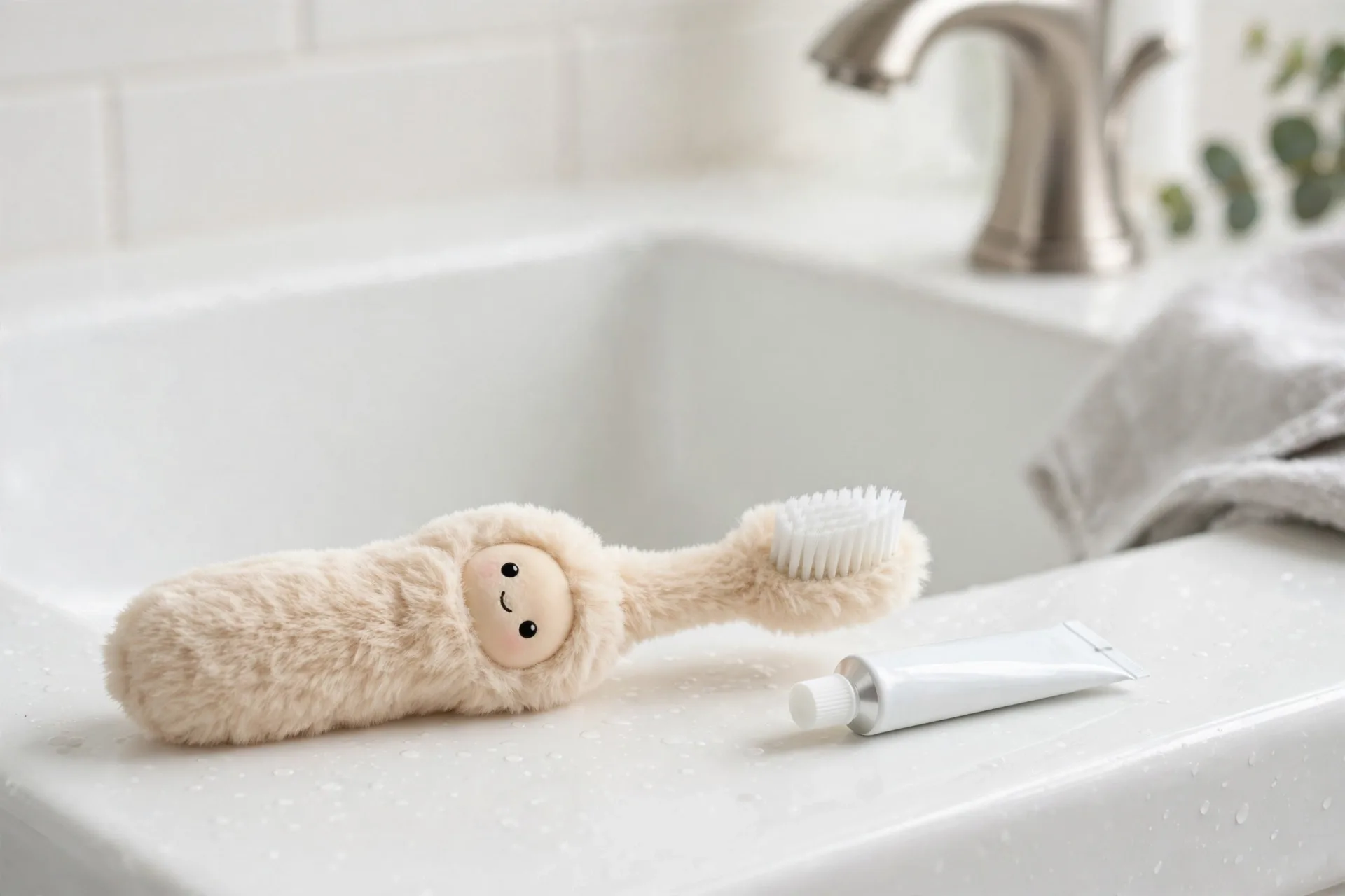 Kids character toothbrush with a small tube of toothpaste on a bathroom sink