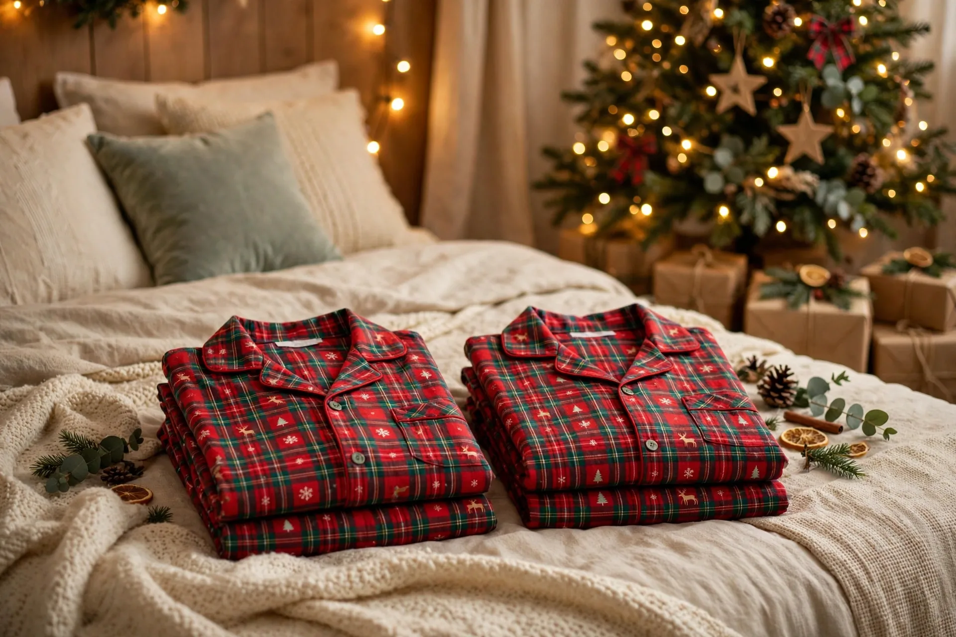 Matching Christmas pajamas folded on a bed