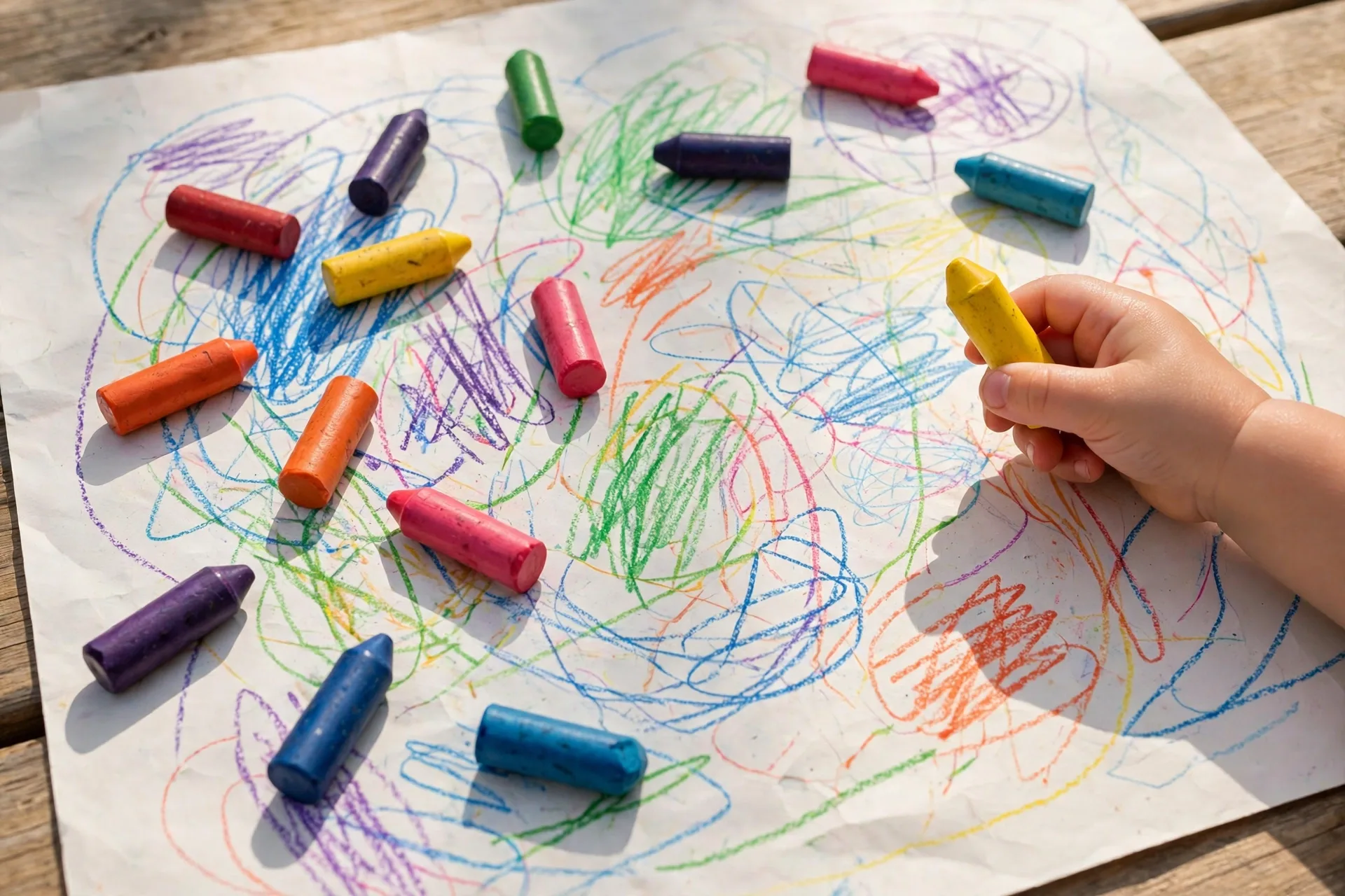 Chunky toddler crayons in bright colors on a big sheet of paper