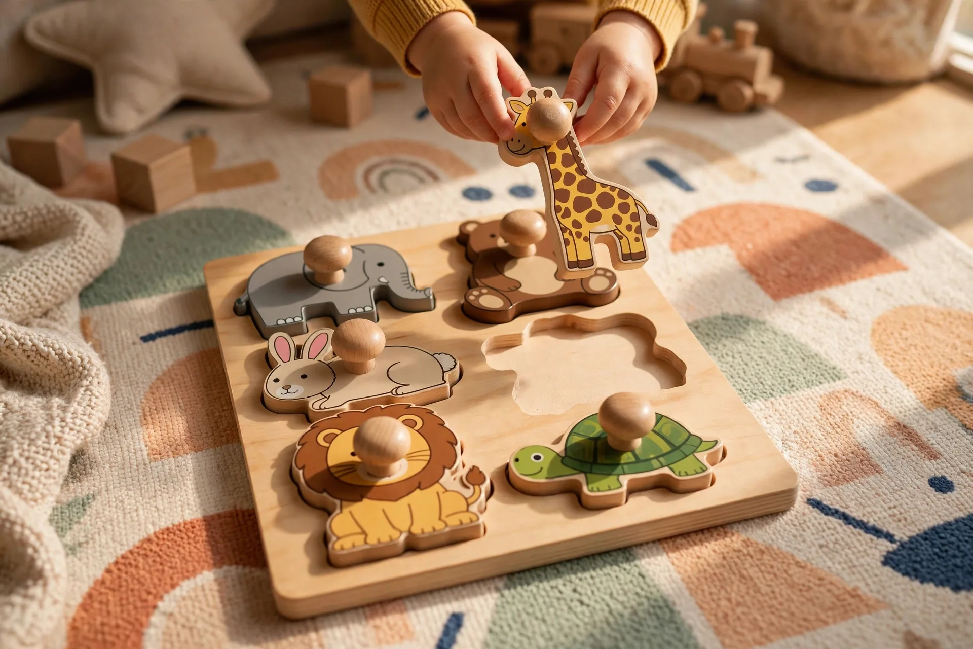 Chunky wooden animal puzzle with big knobs on a playroom rug