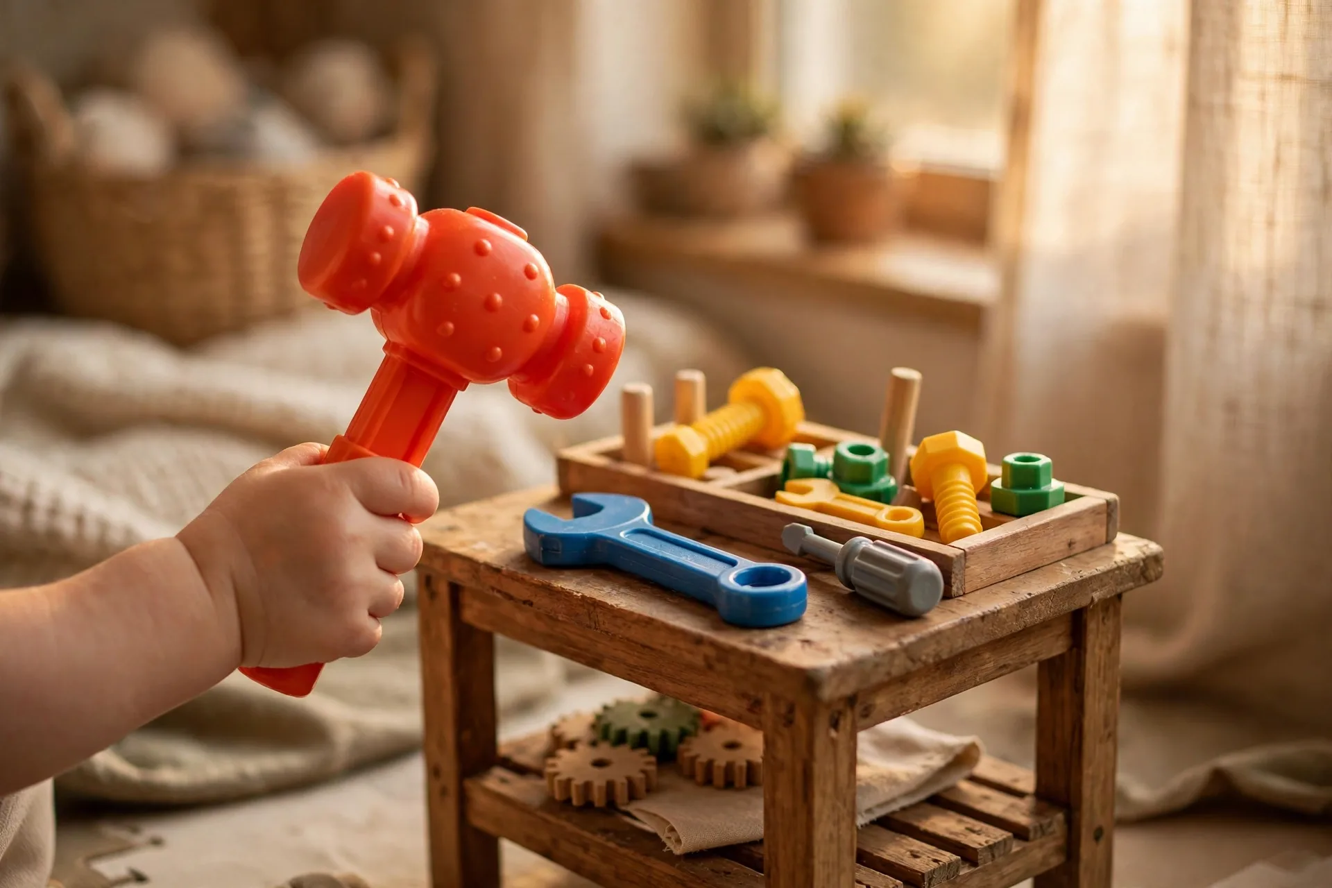 Chunky toy tool set with hammer and wrench on a workbench