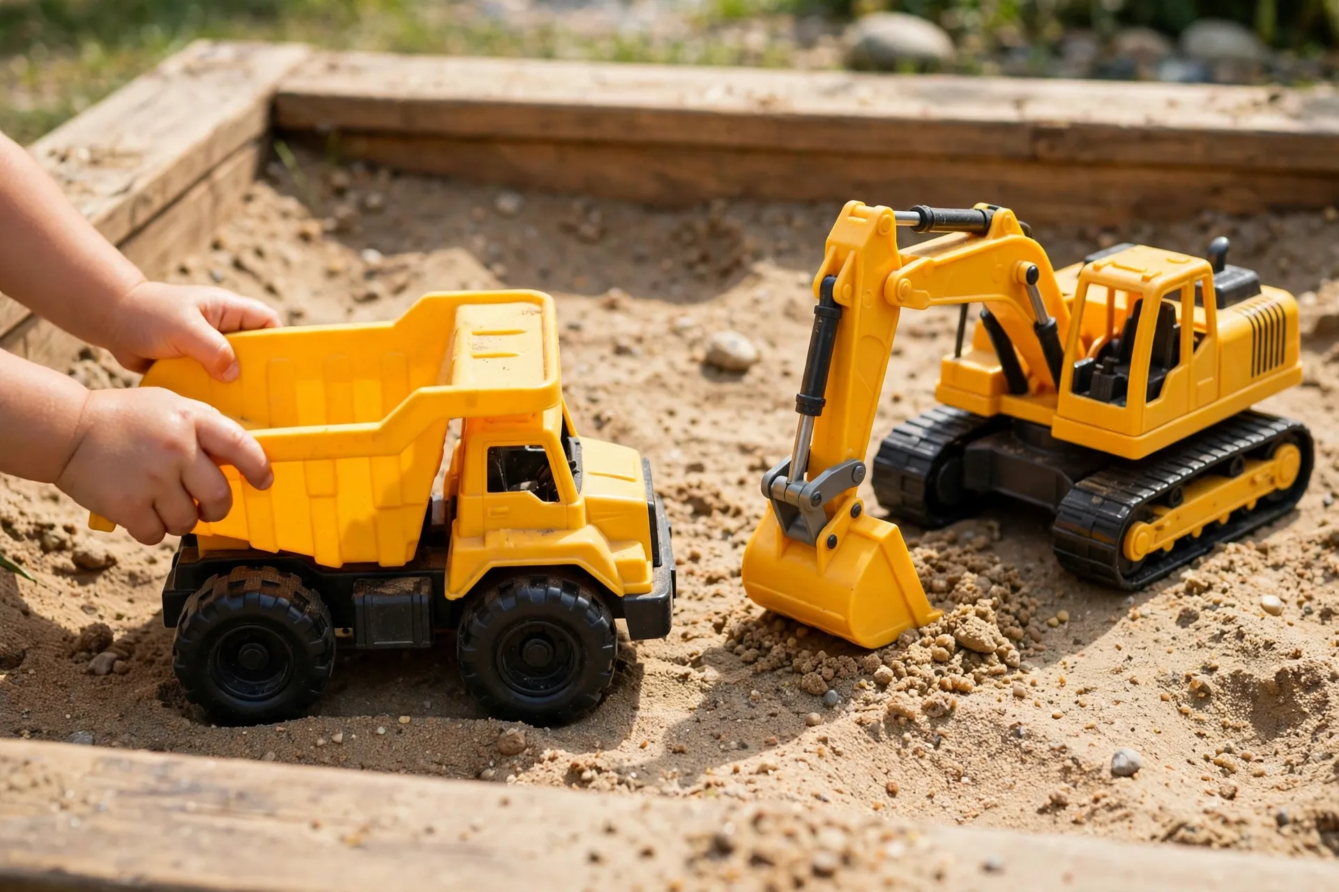 Chunky toy dump truck and digger on a sandbox