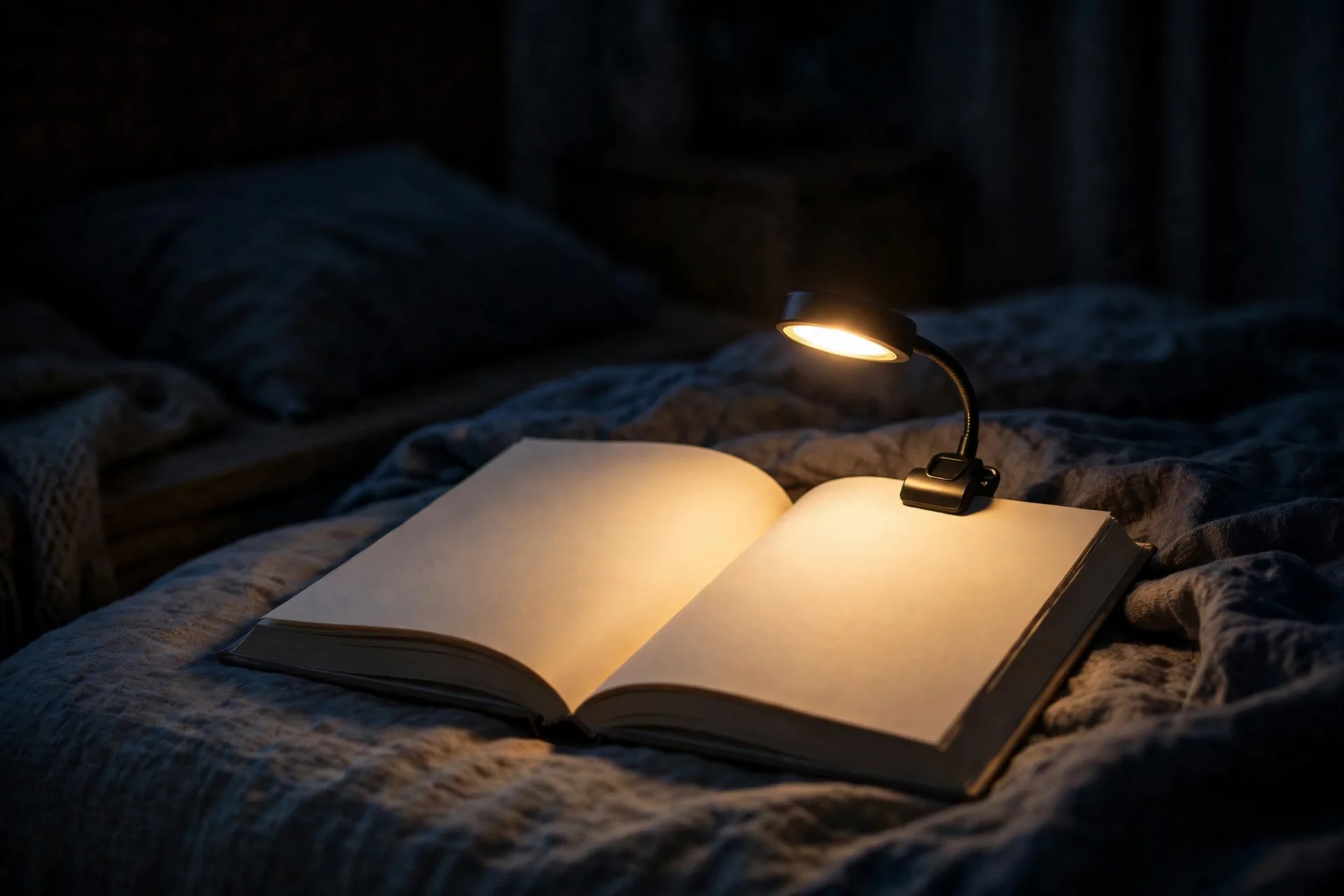 Clip-on book light glowing on a book in a dark bedroom