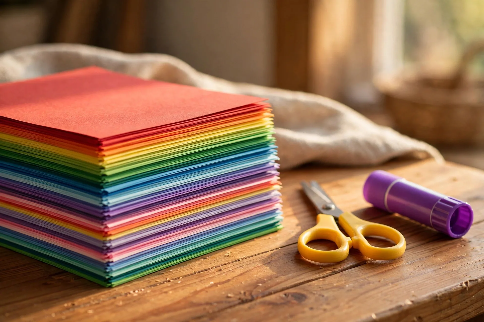 Stack of colorful construction paper sheets with scissors and glue