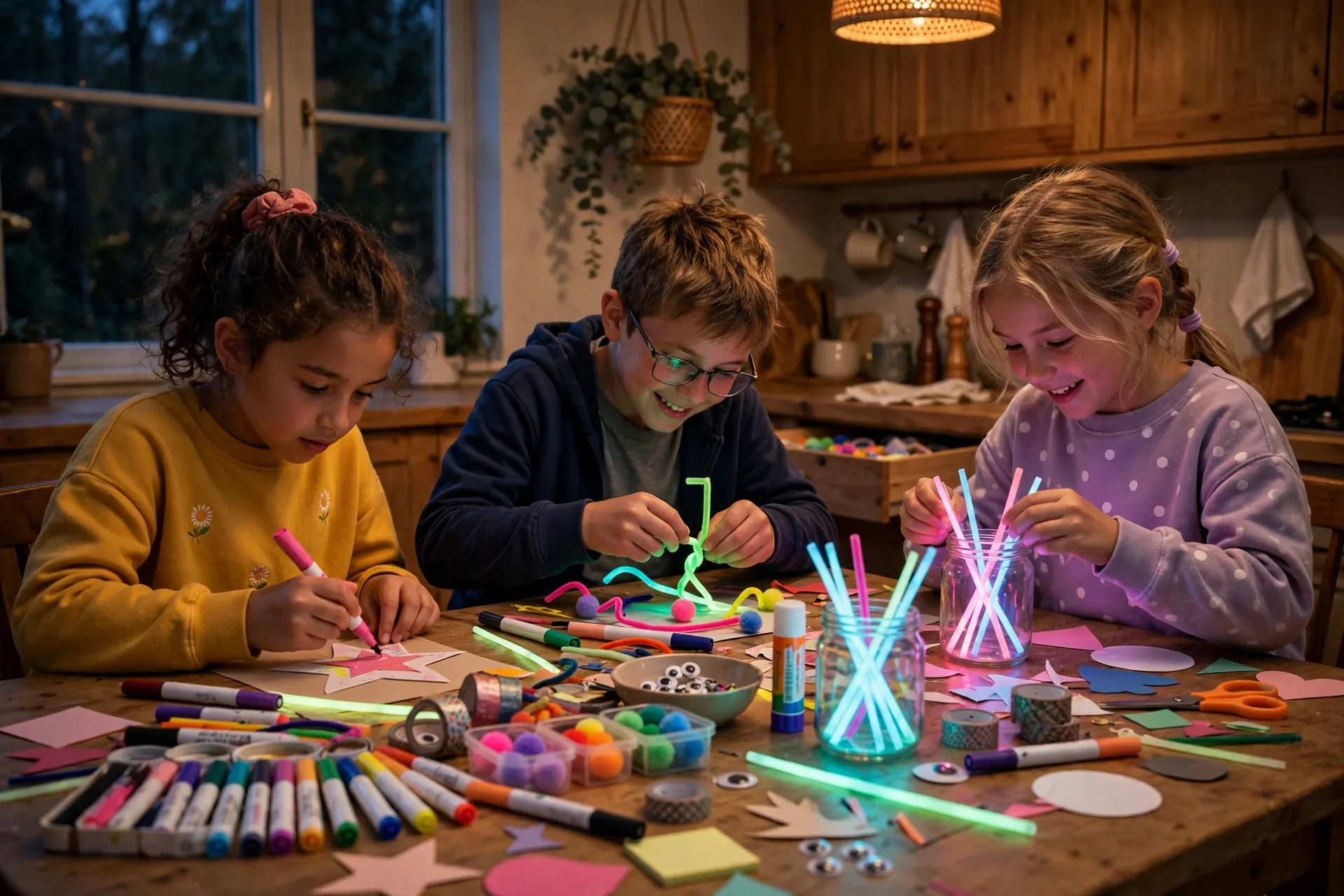 Kids crafting at a kitchen table in the evening with glowing sticks, paint markers and art supplies spread out