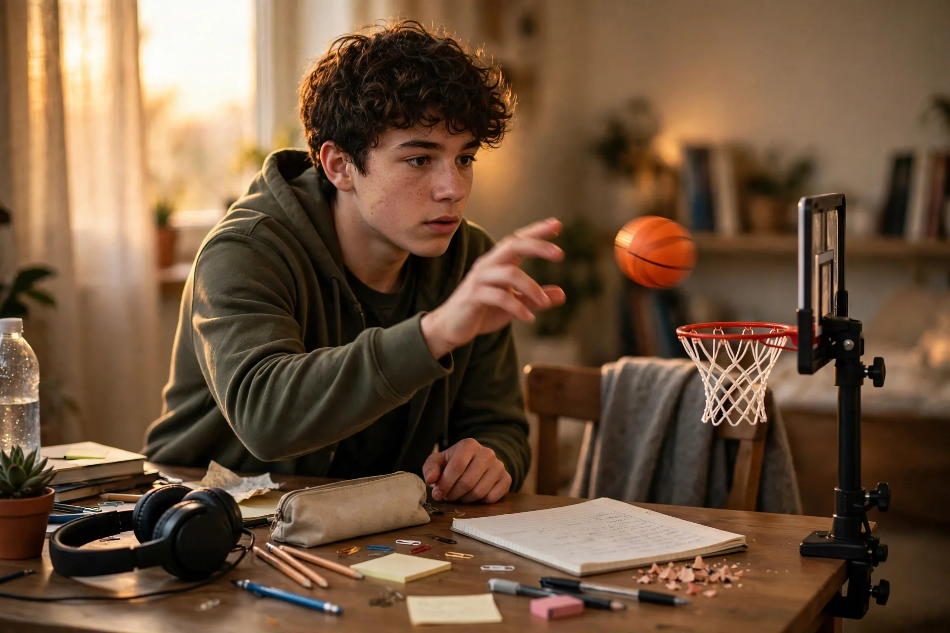 Desktop basketball game with a mini hoop on a desk