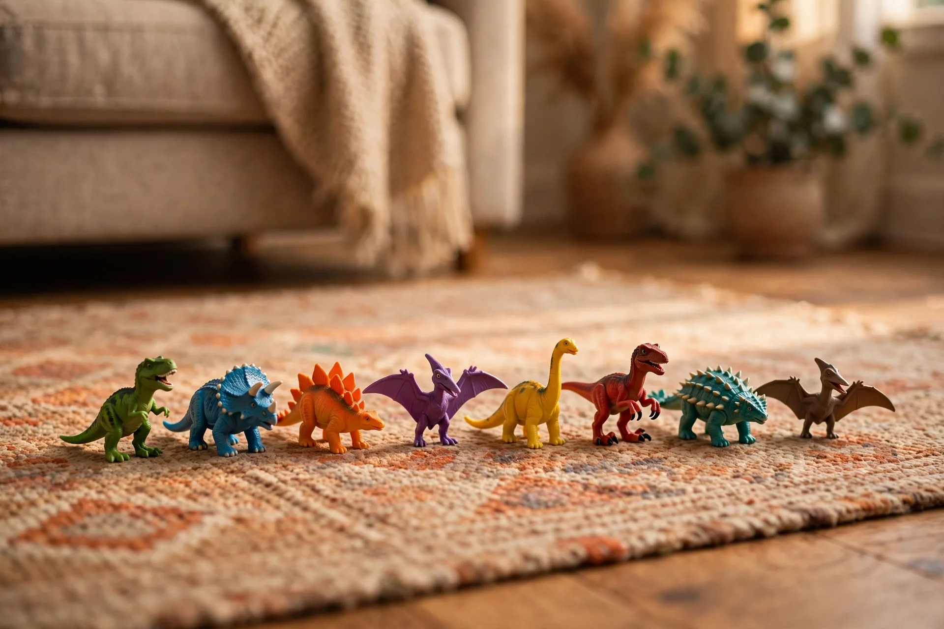 Small pocket-size dinosaur figures arranged in a row on a rug