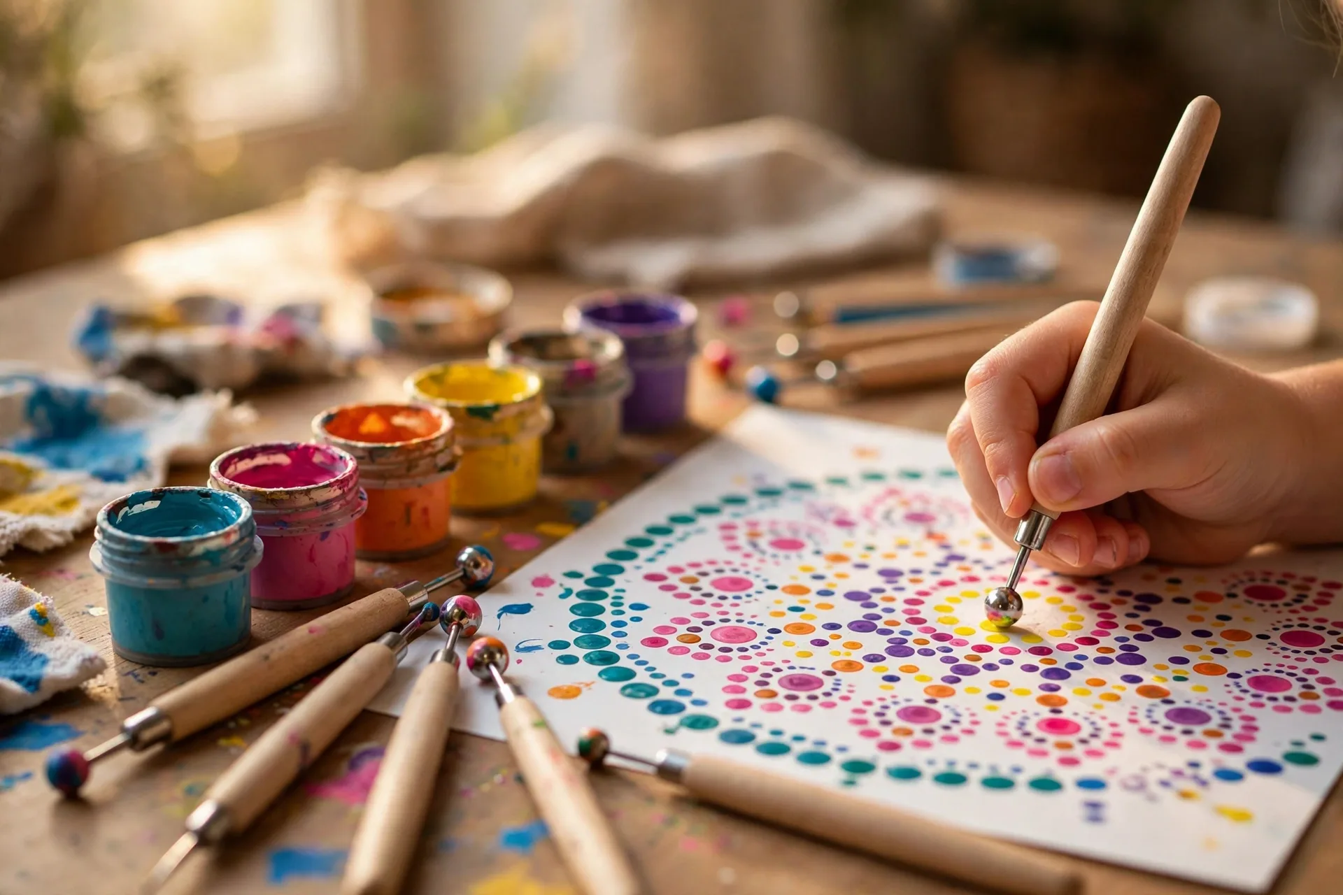 Dotting tools making colorful dot patterns on paper