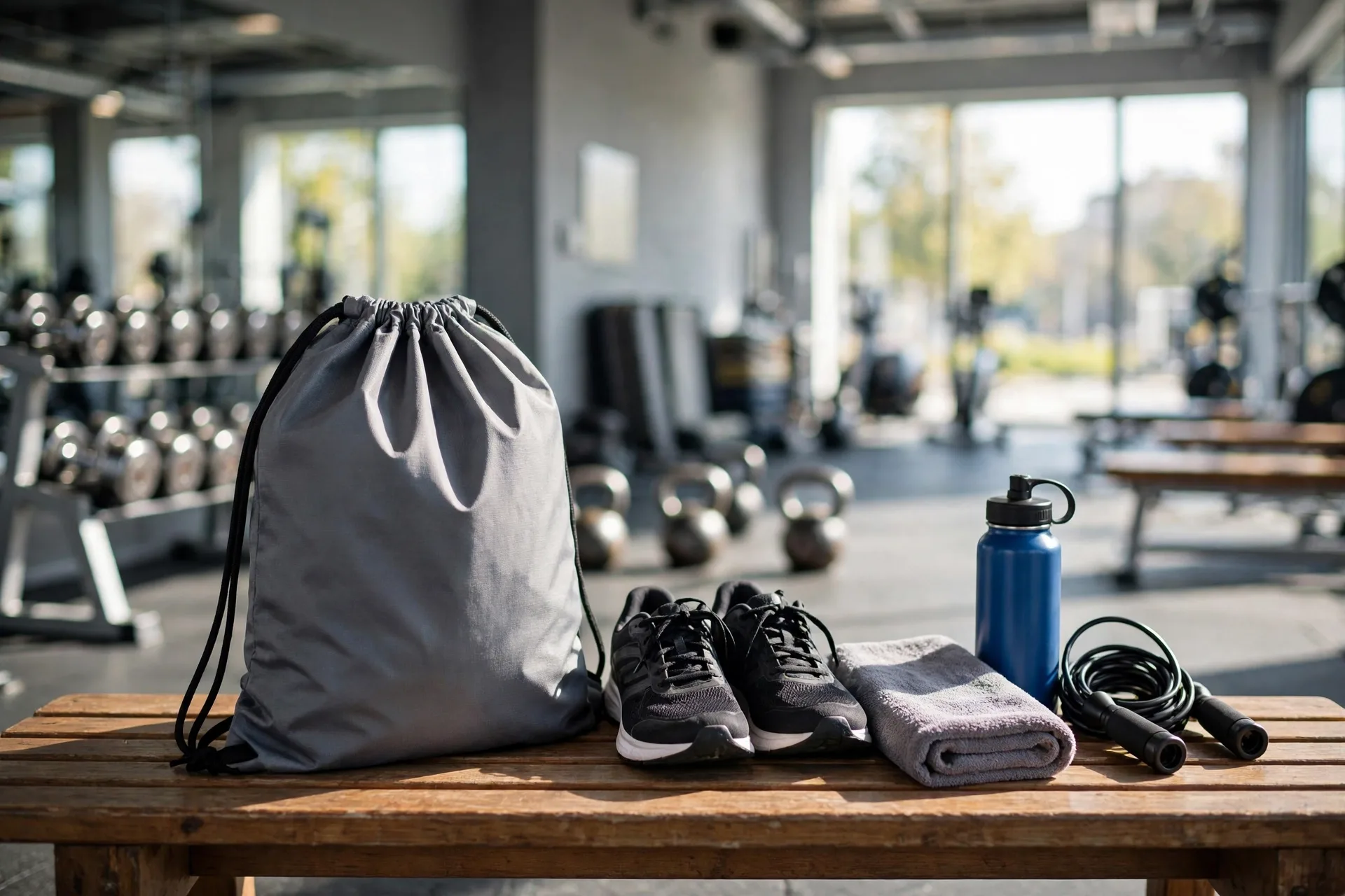 Drawstring gym bag with sports gear on a bench