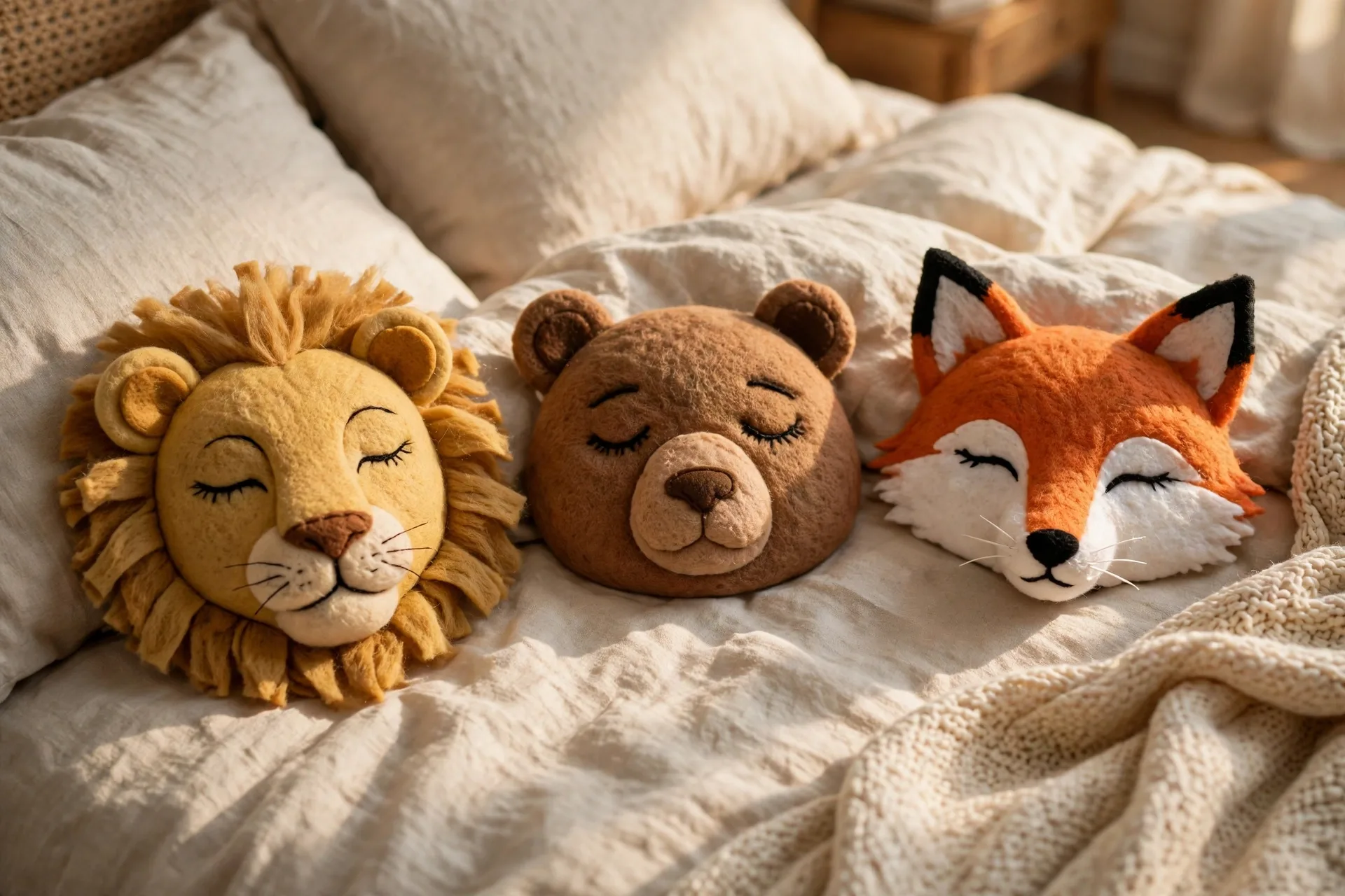 Soft felt animal masks laid out on a bed