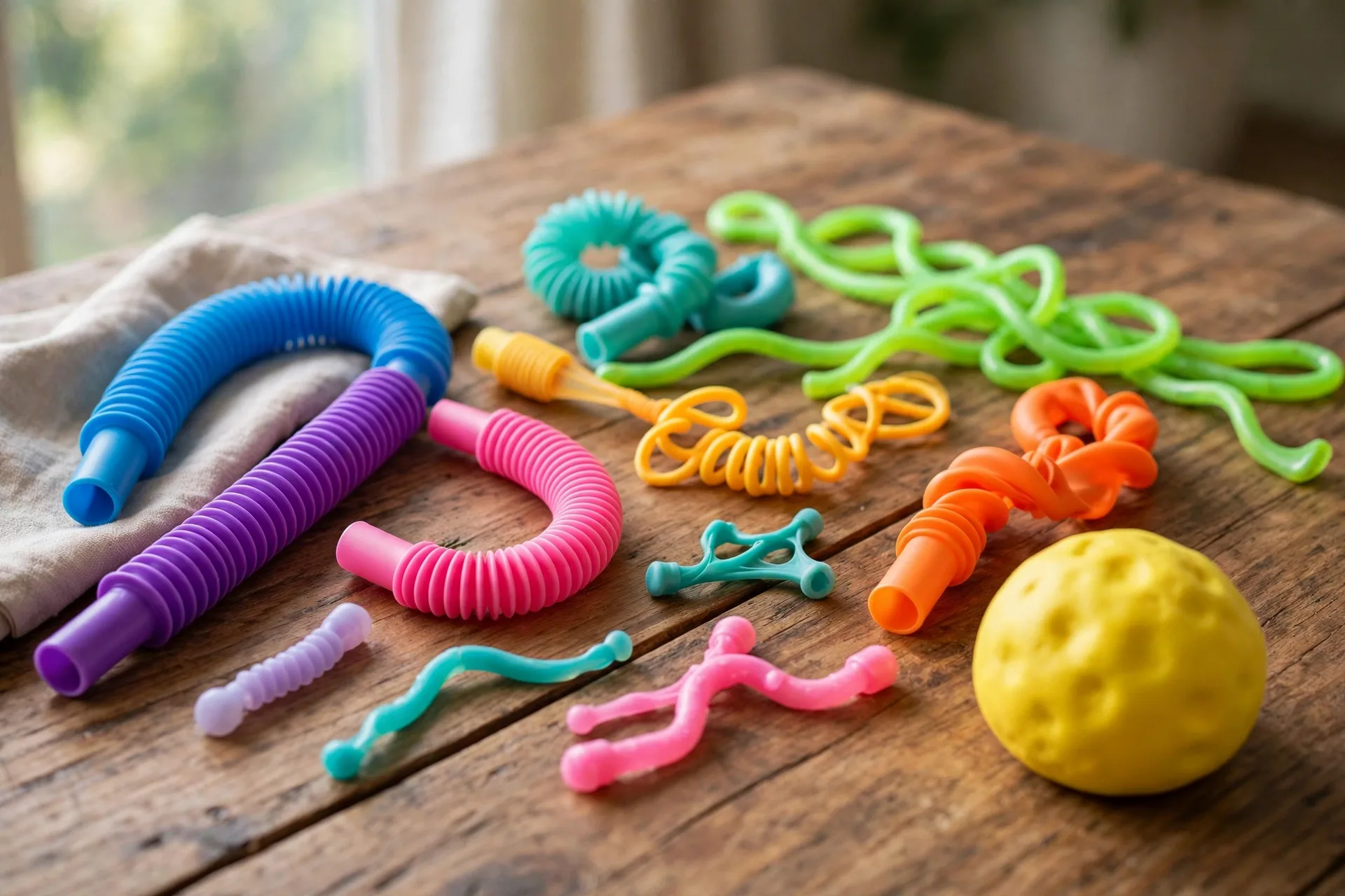 Stretchy fidget toys and a squishy stress ball in bright colors on a table