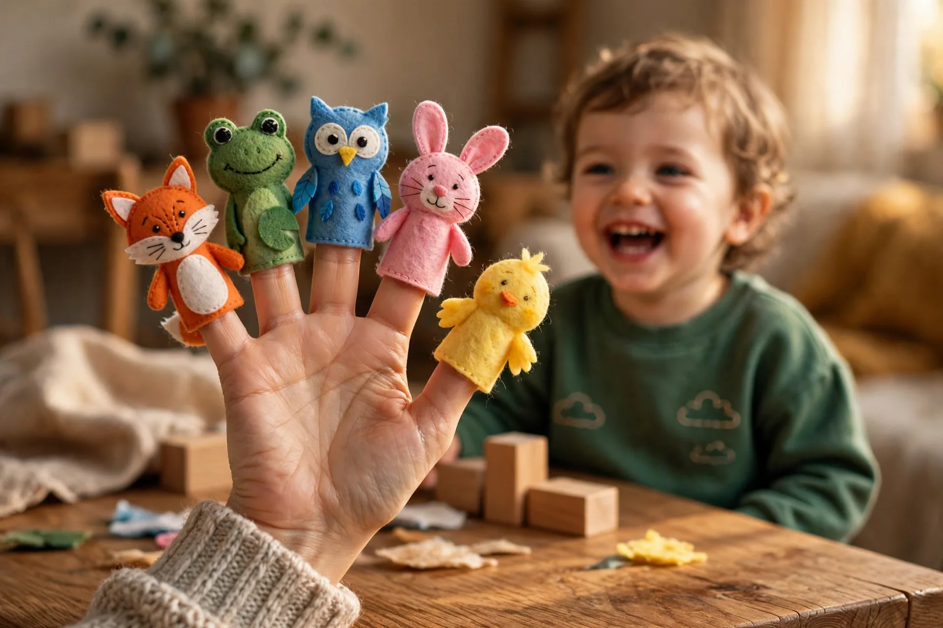 Colorful felt finger puppets on a parents fingers above a table