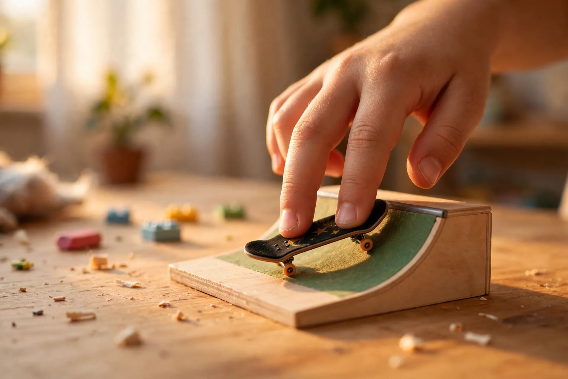 Finger skateboard on a miniature ramp on a table