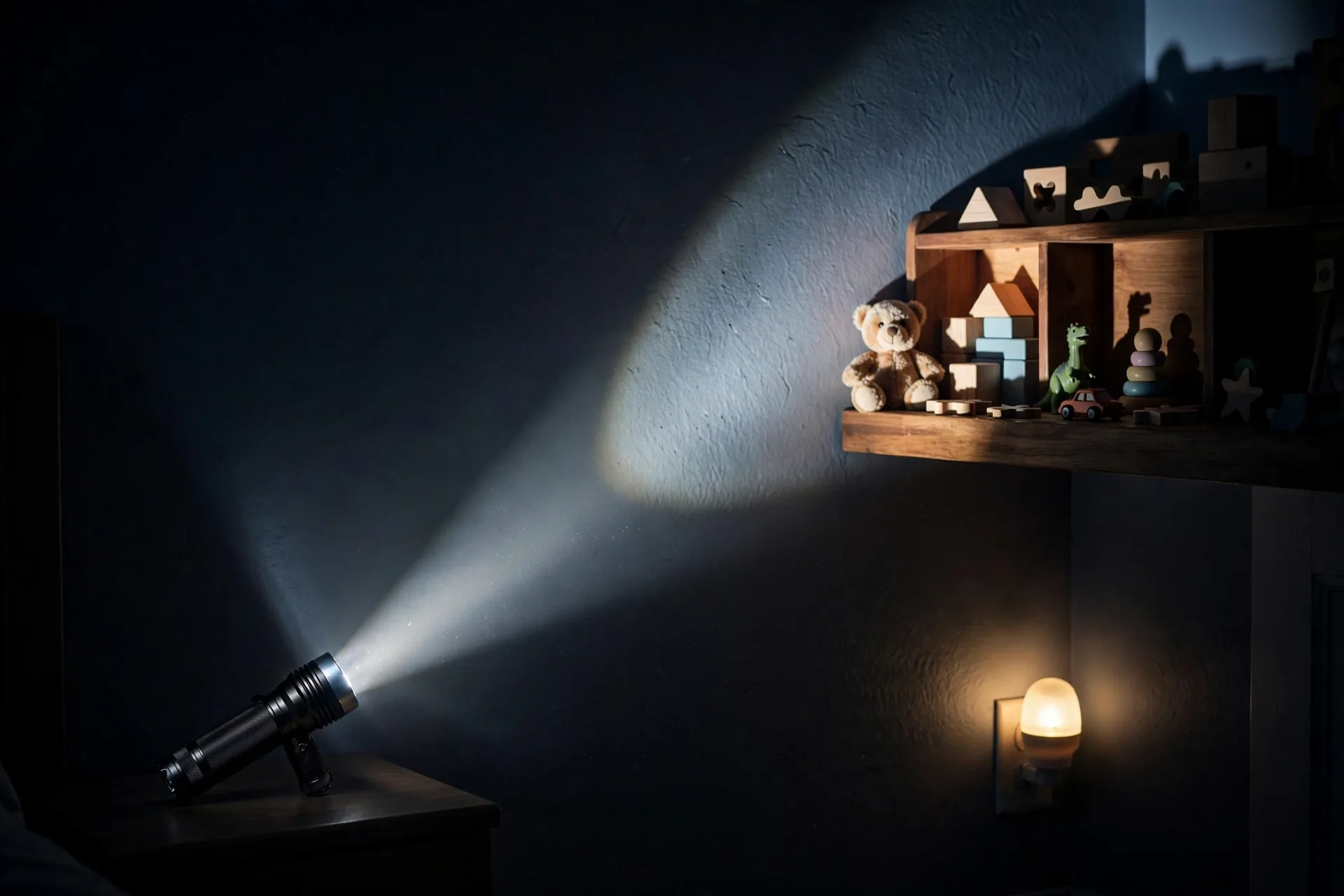 A small sturdy flashlight shining a beam across a dark bedroom wall