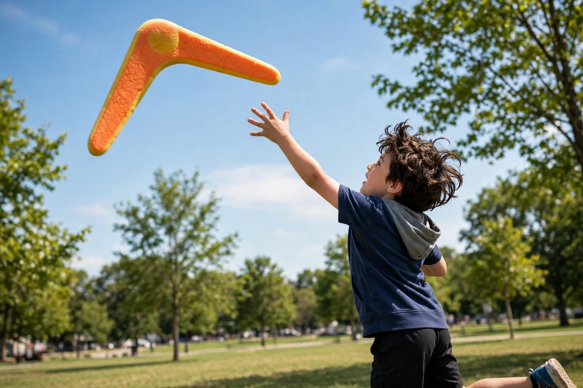 Foam boomerang flying in a park with a child catching it