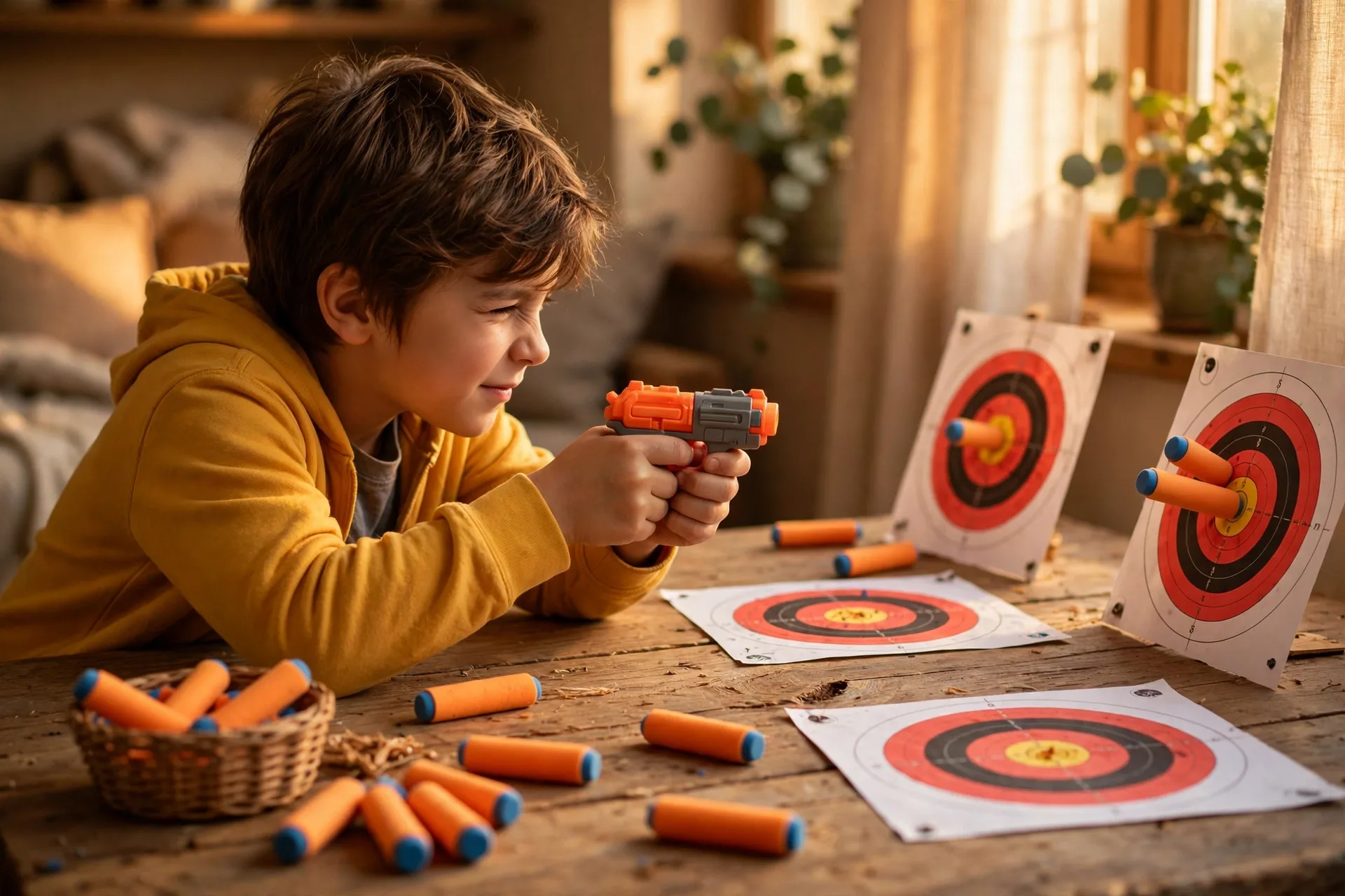 Mini foam dart blaster with soft darts and paper targets