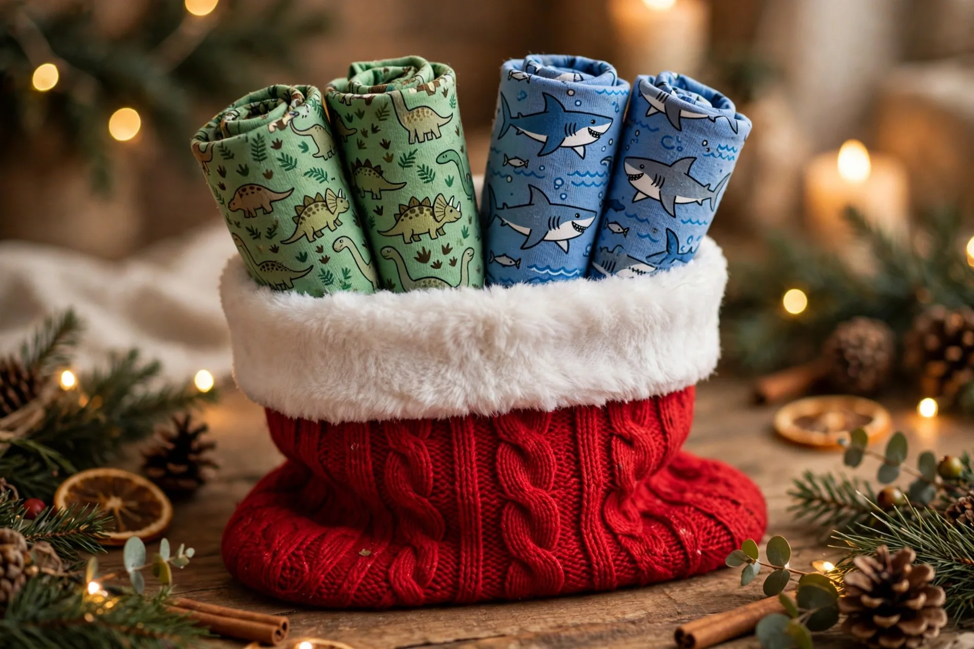Rolled up pairs of fun socks with dinosaurs and sharks on them in a stocking