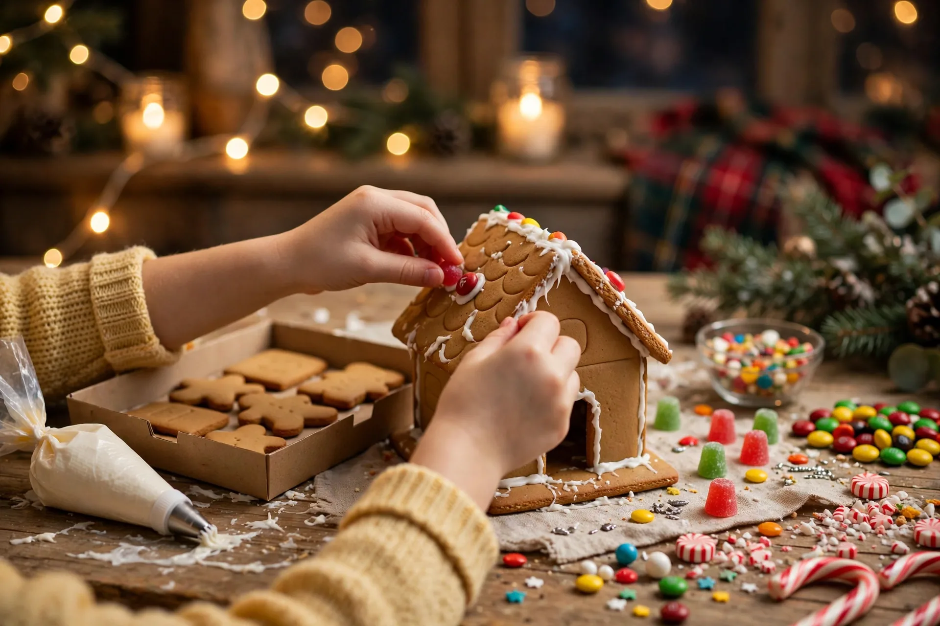 Gingerbread house kit being built with icing and candy on a table