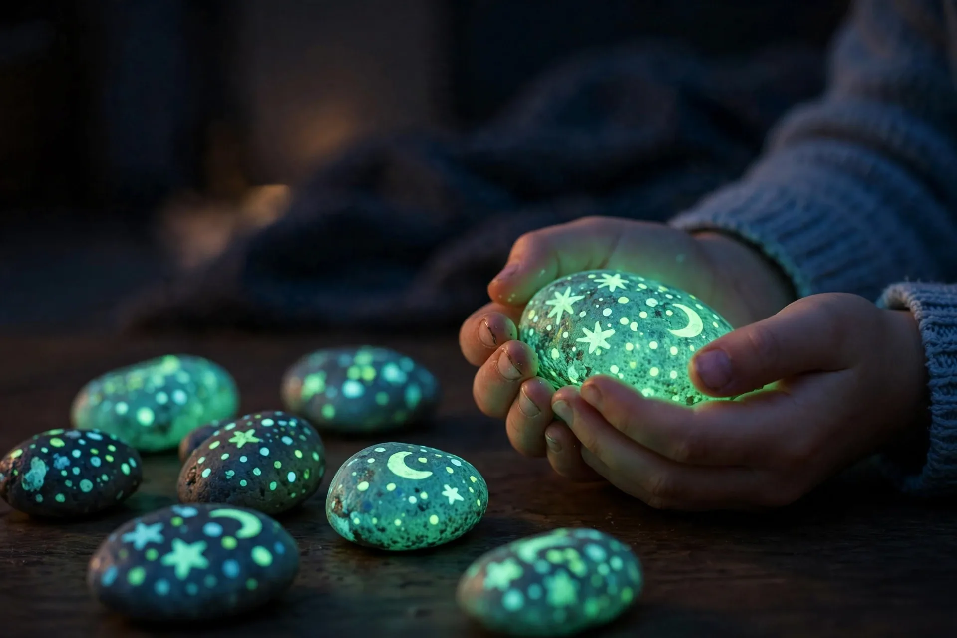 Glow-in-the-dark painted rocks glowing in a dark room