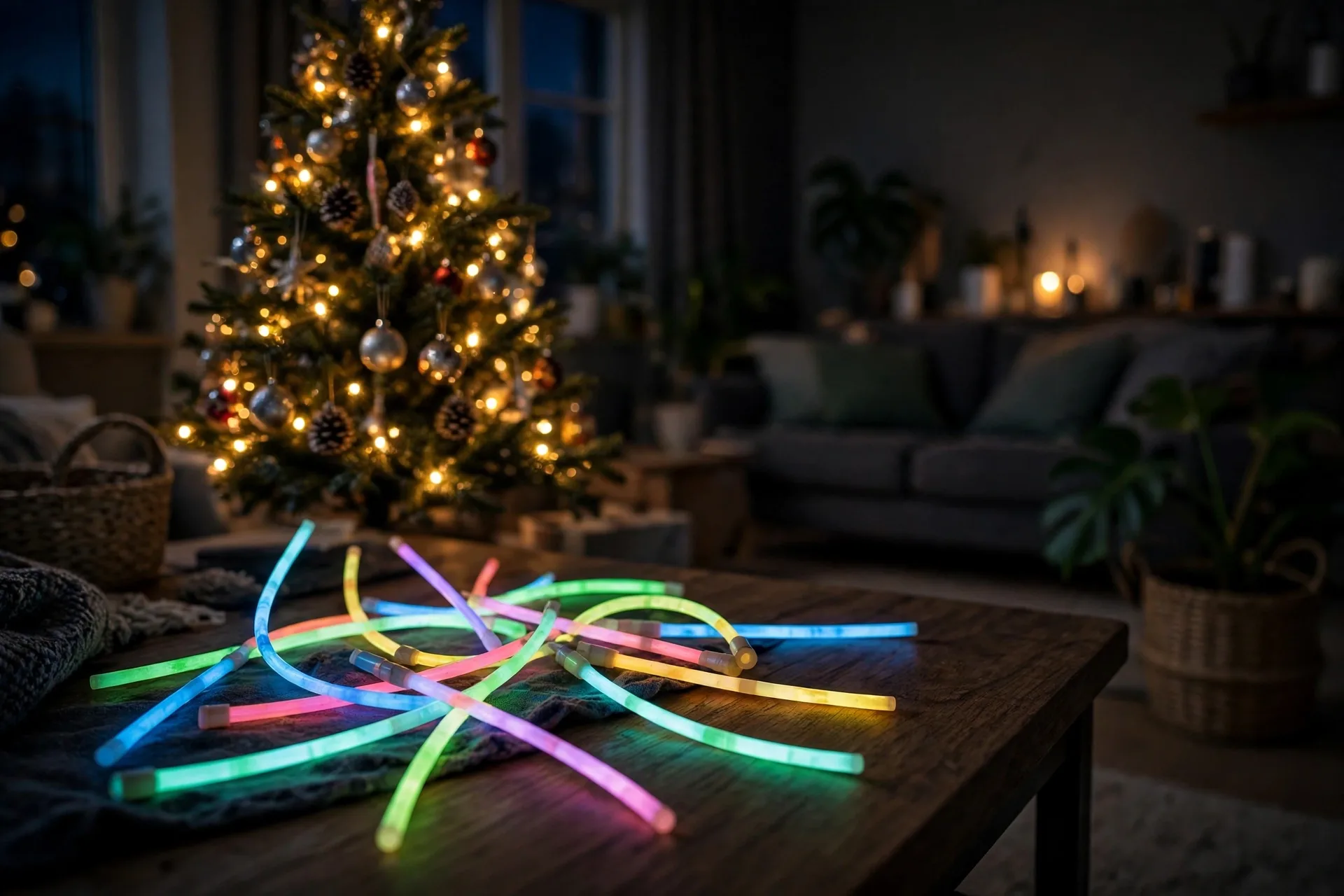 Glowing sticks hidden around a dark living room for a Christmas Eve treasure hunt