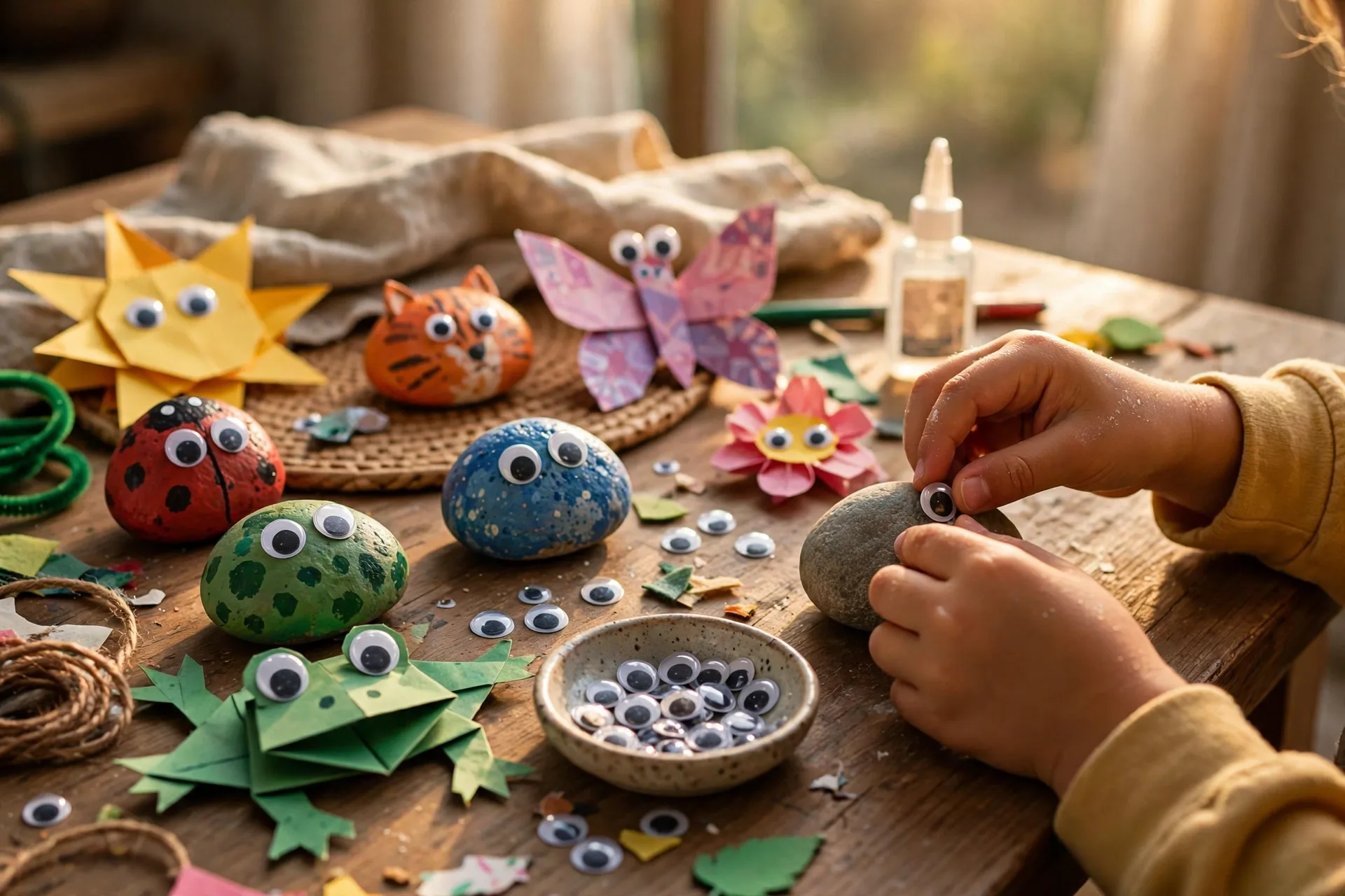 Googly eyes stuck on painted rocks and crafts on a table