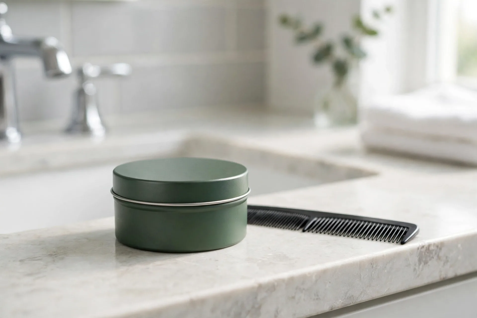 Hair styling putty tin on a bathroom counter with a comb