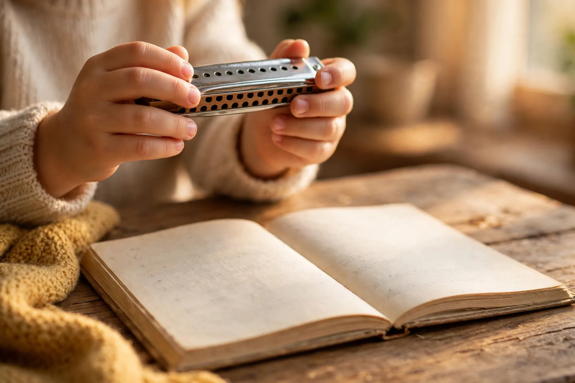 Harmonica in a childs hands with a songbook on a table