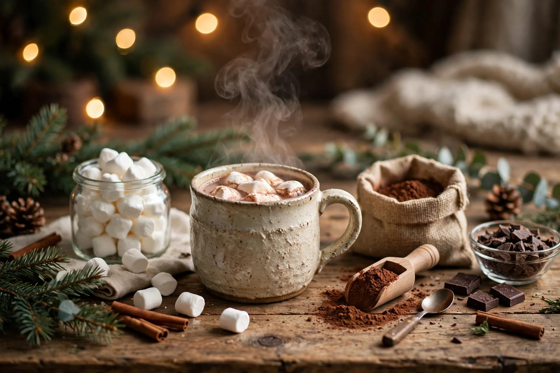Hot cocoa kit with a chunky mug marshmallows and cocoa on a table