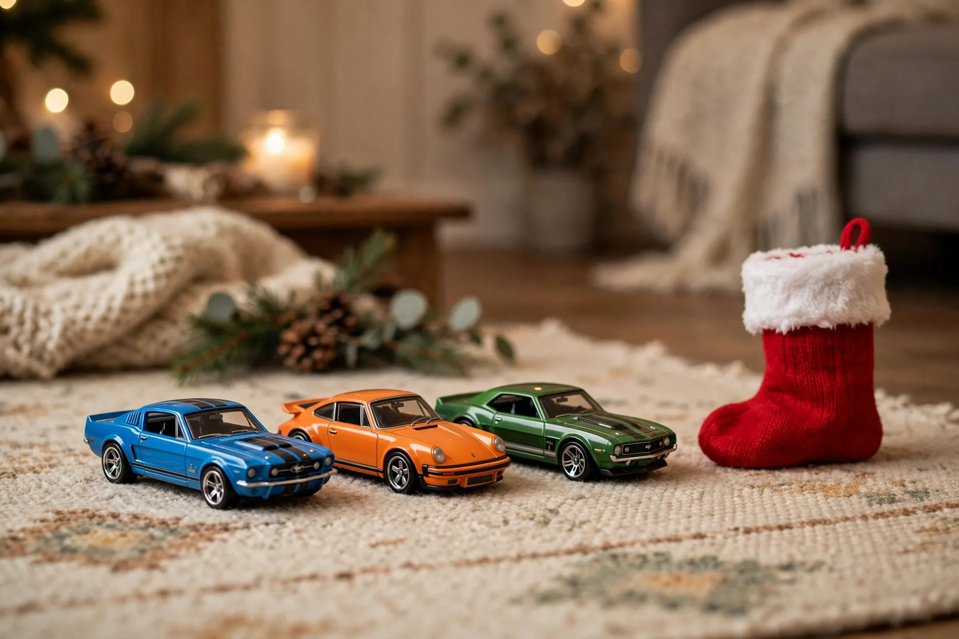 Single Hot Wheels toy cars lined up on a rug next to a Christmas stocking