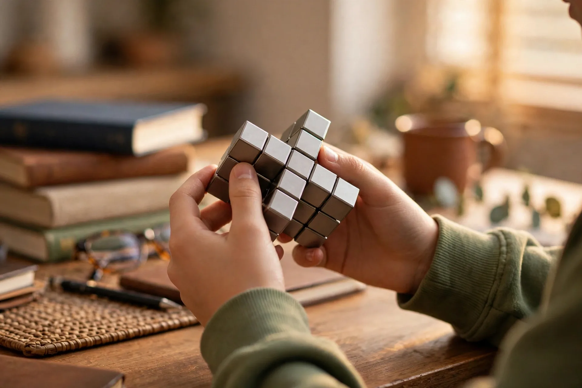 Infinity cube fidget toy in a teens hands