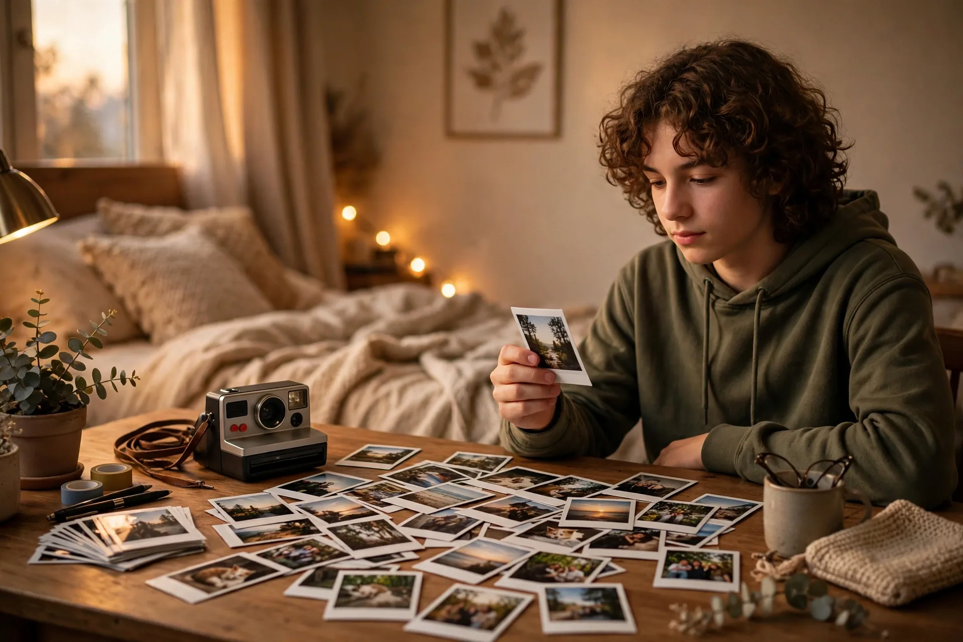 Instant camera with printed photos on a bedroom desk
