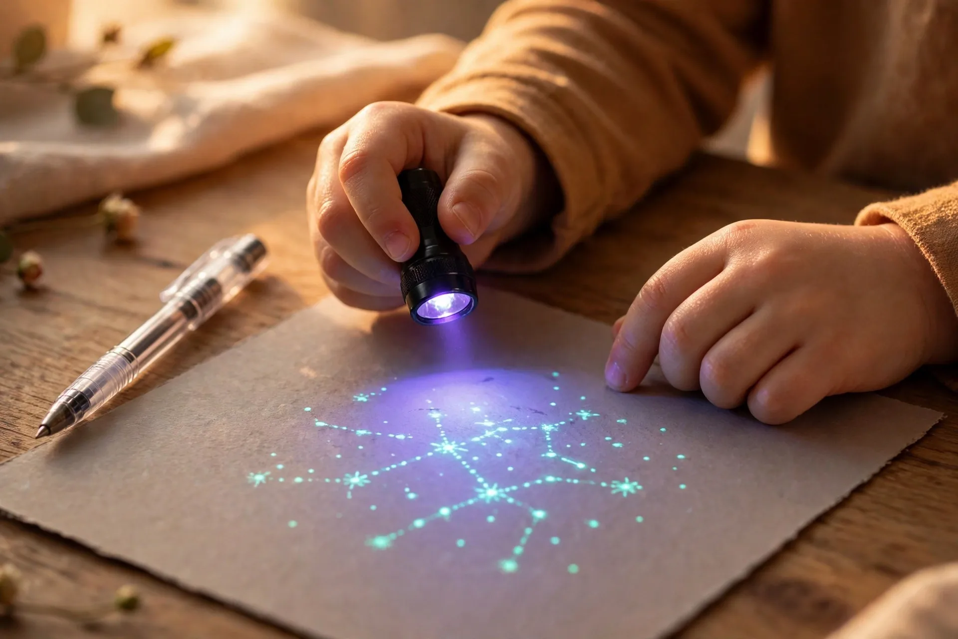 Invisible ink pen writing a secret message revealed by UV light