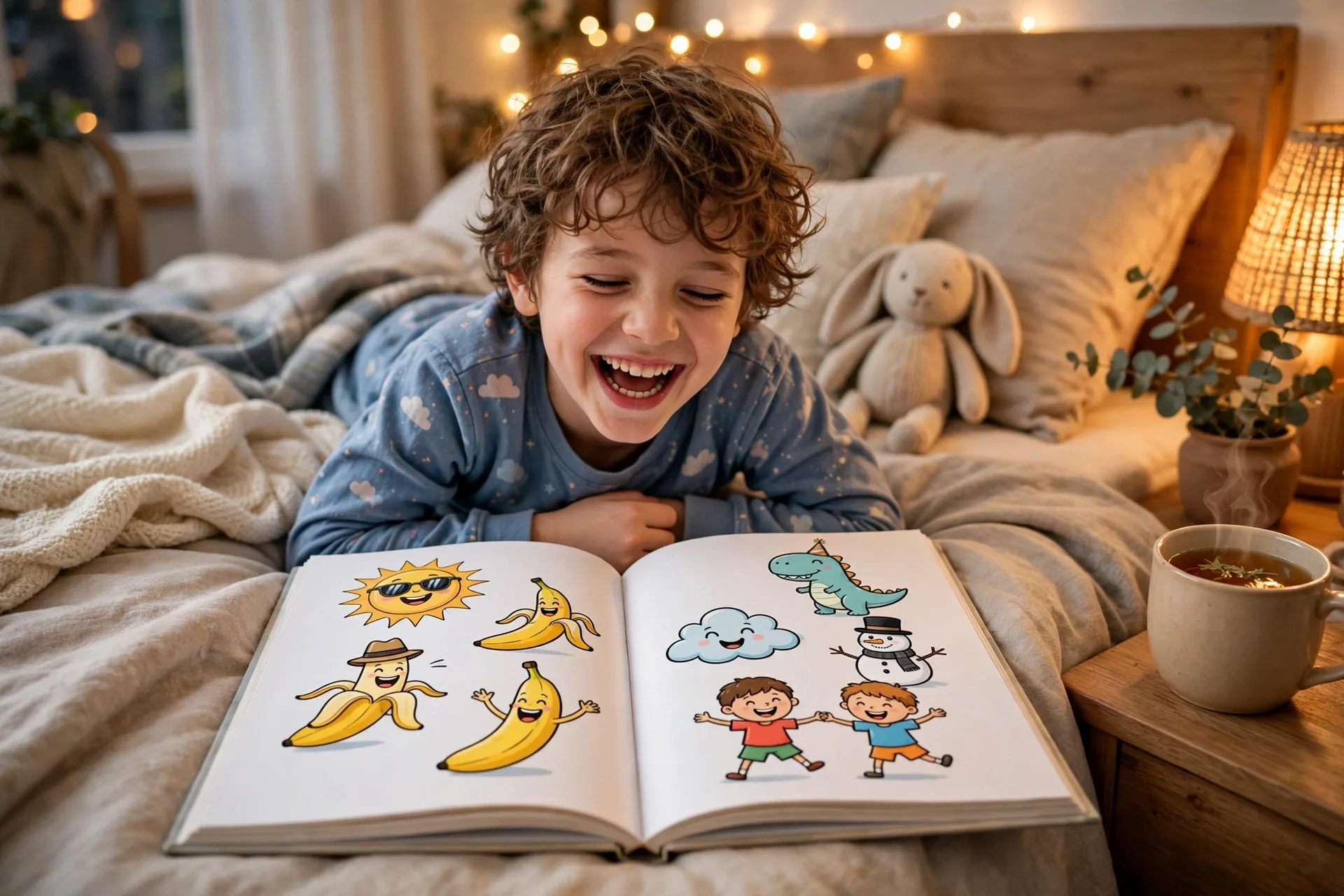 Joke book for kids open on a bed with a laughing child