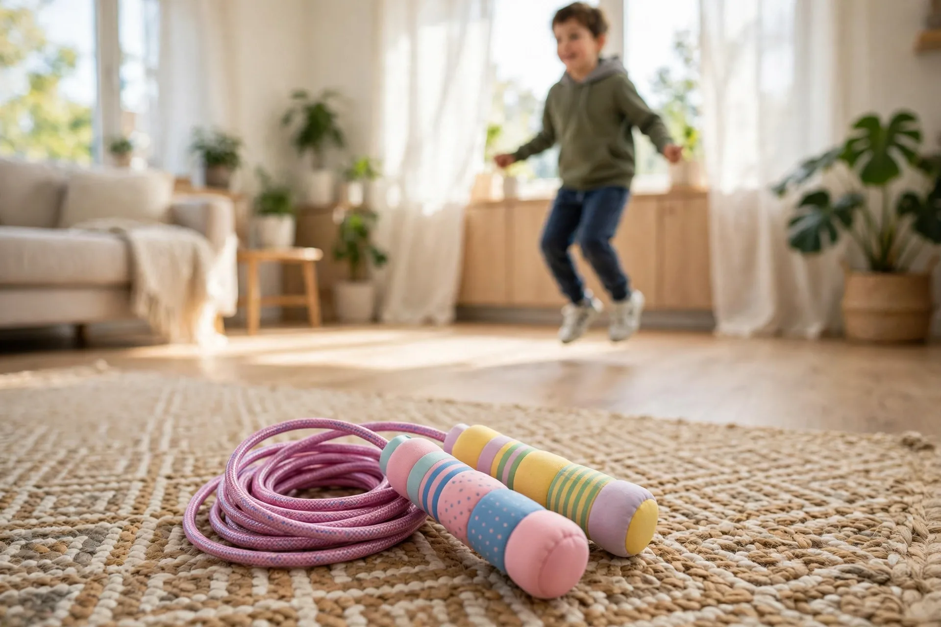 Kid-size jump rope with soft handles coiled on a rug