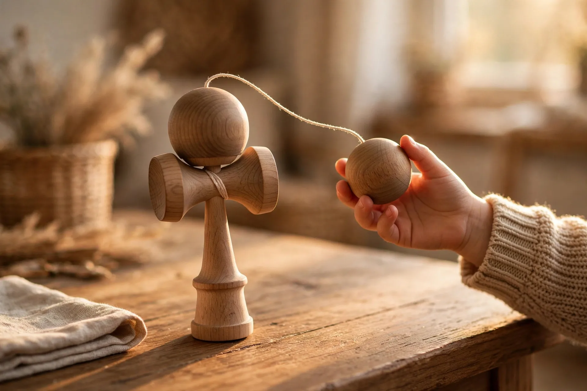 Wooden kendama toy with ball and cups on a table