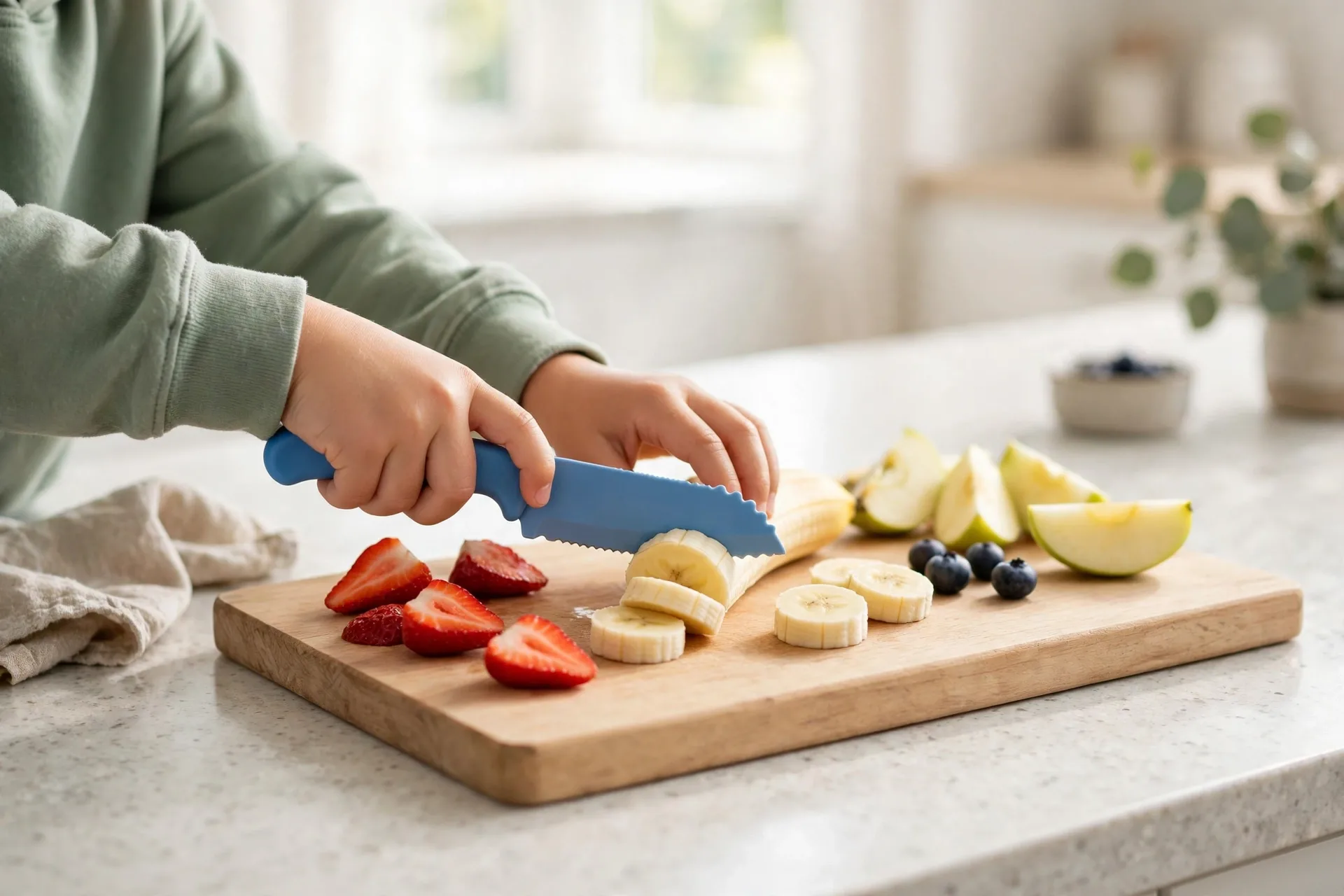 Kid-safe knife and cutting board set with cut fruit on a kitchen counter
