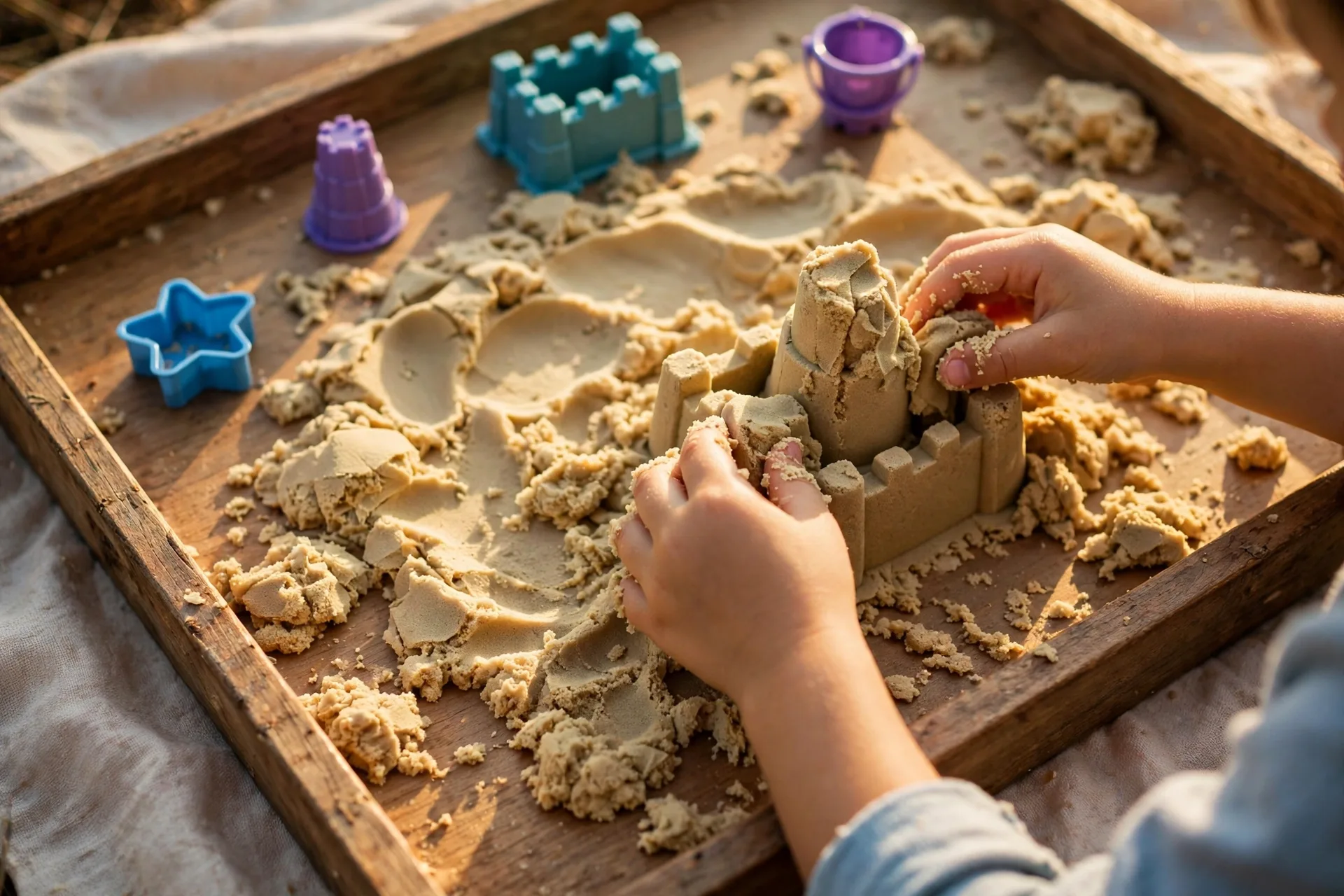 Kinetic sand with small molds on a tray