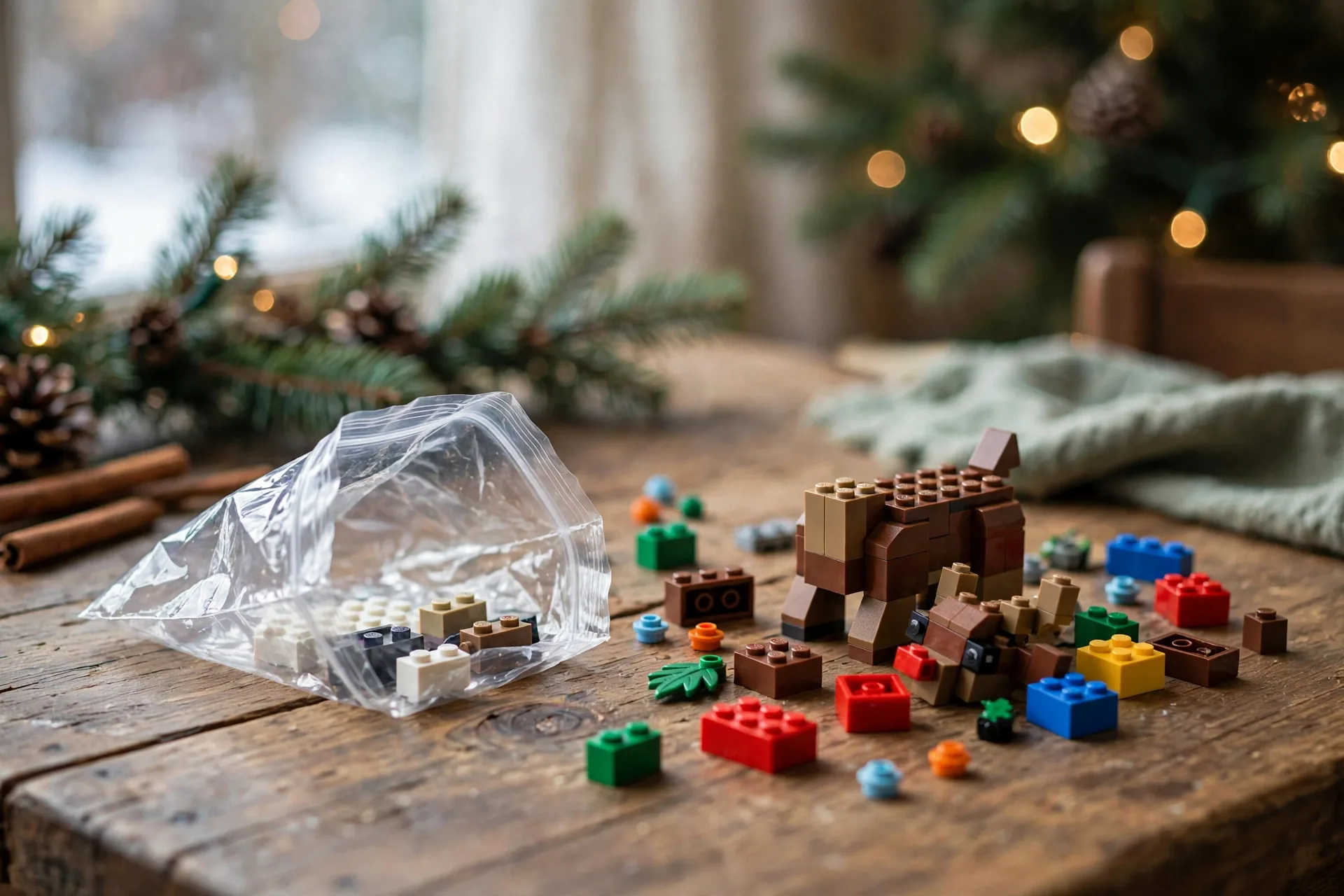 Small LEGO polybag set half built on a table with a few bricks scattered