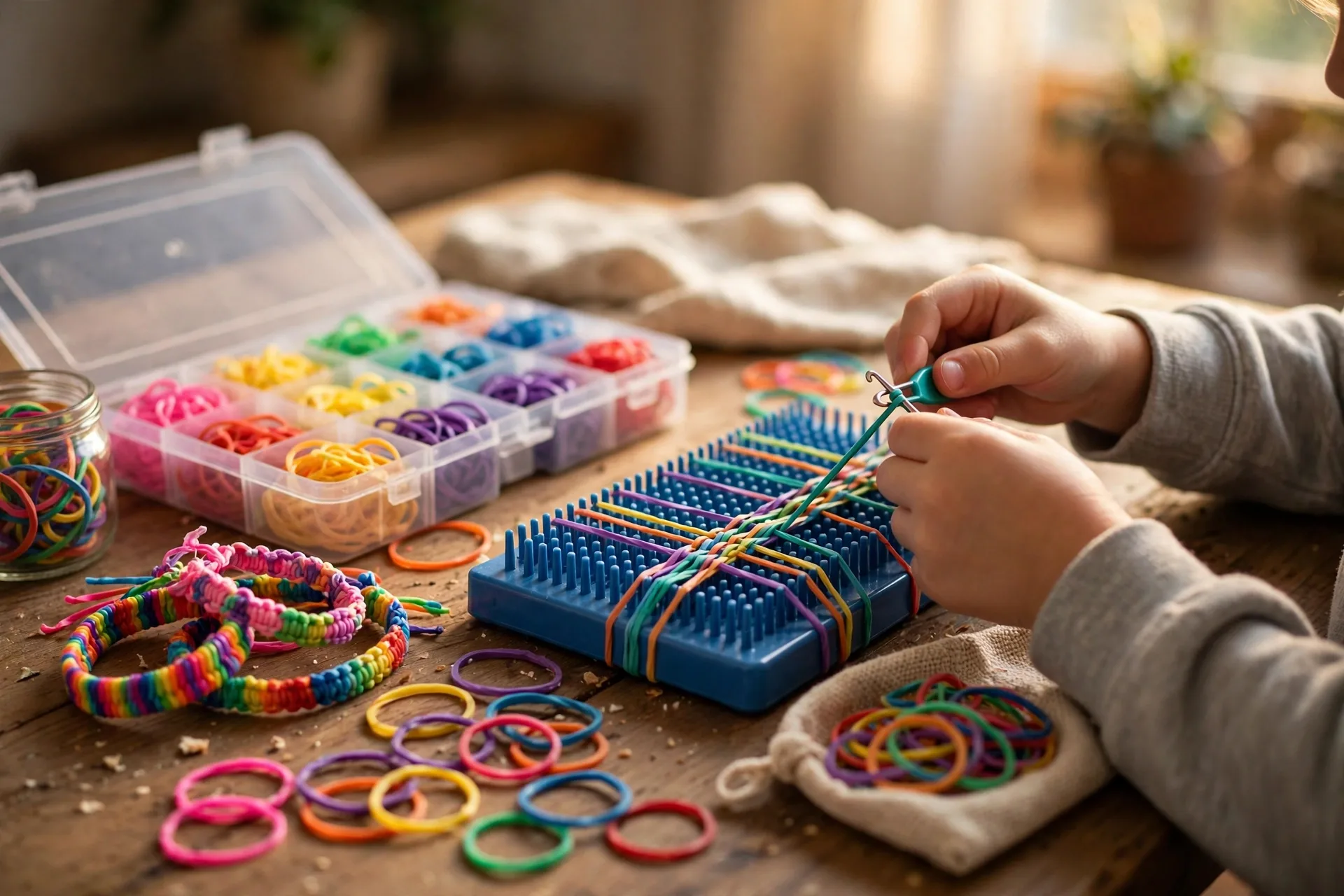 Rubber band loom kit with colorful bracelets on a table