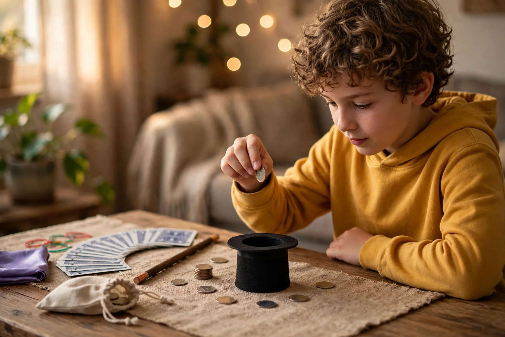 Beginner magic trick set with cards and a top hat on a table