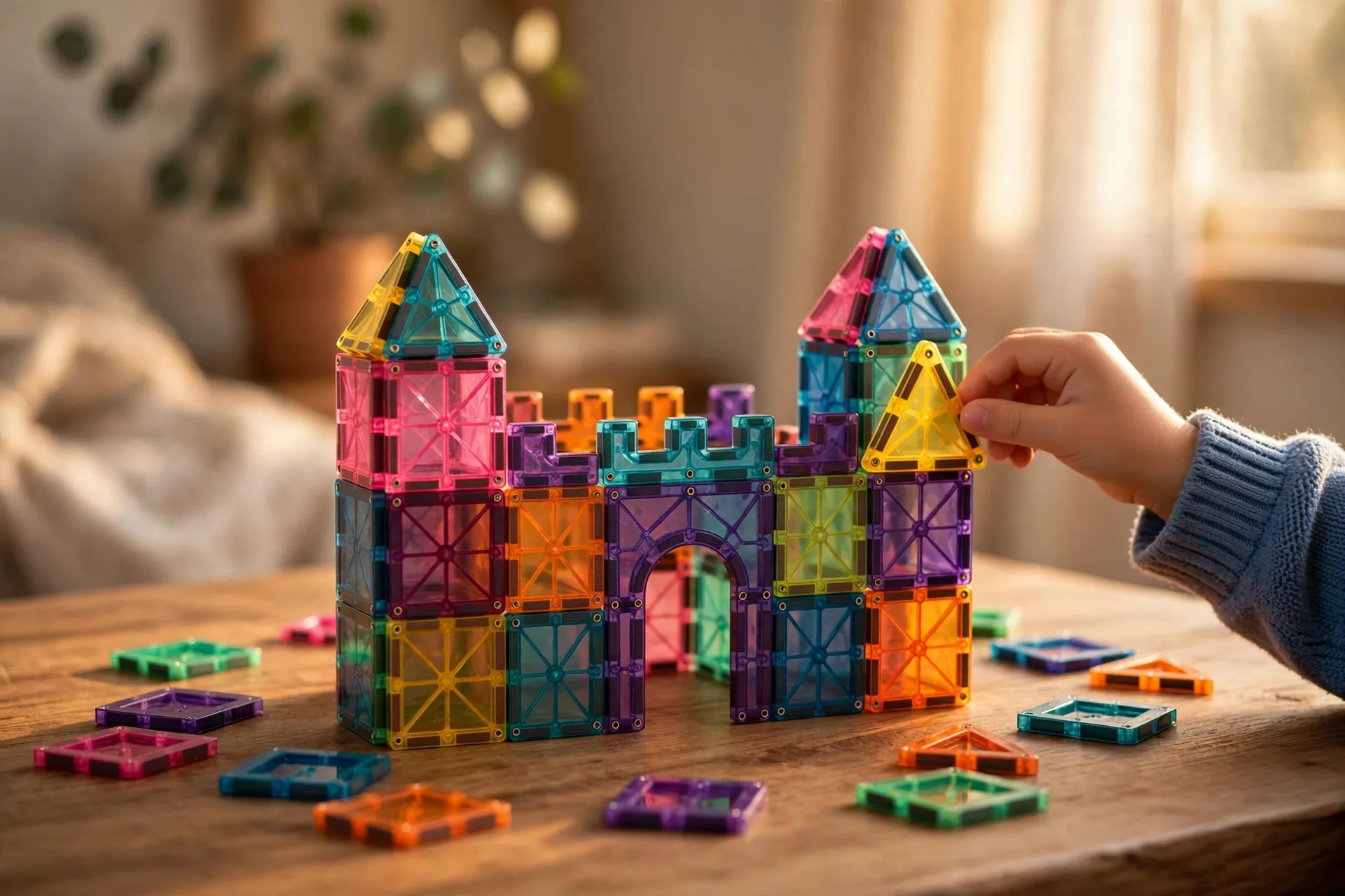 Mini magnetic tiles built into a small castle on a table