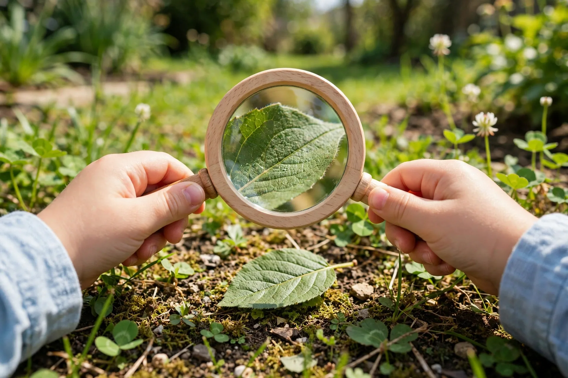 Kid-size magnifying glass examining a leaf in a garden
